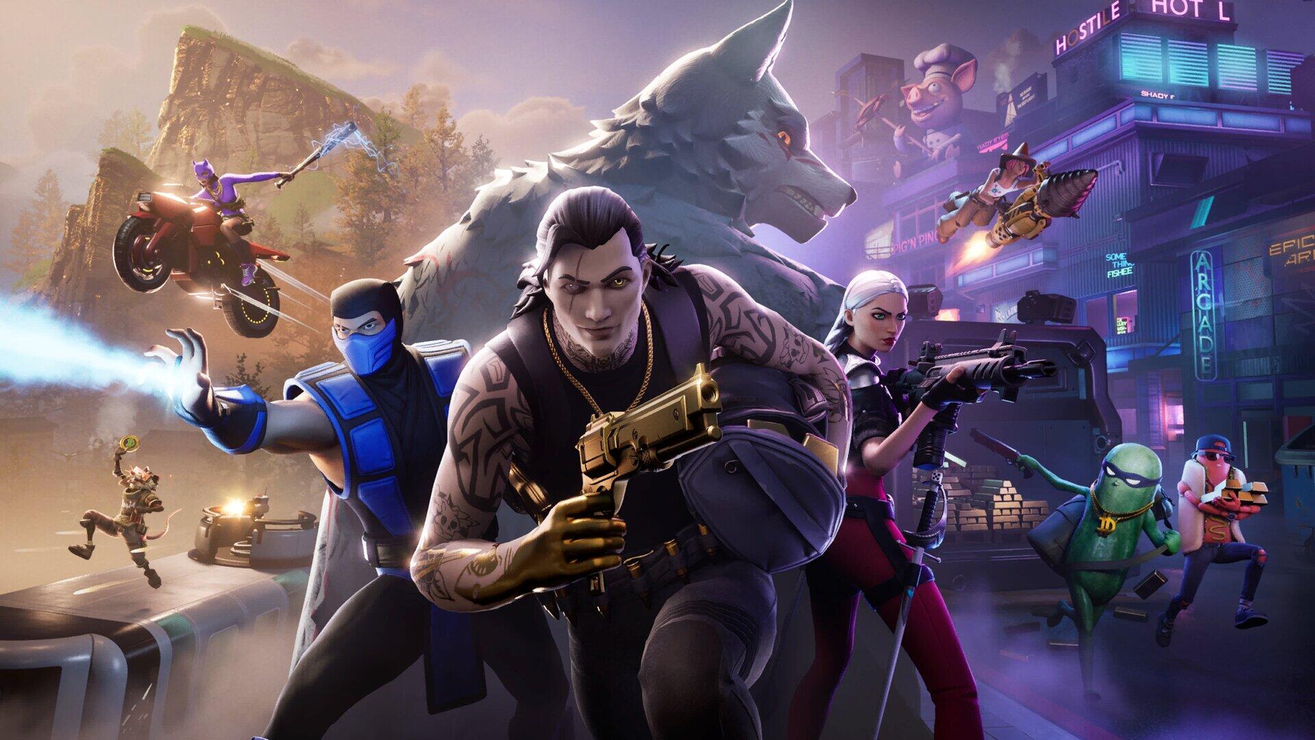 Fortnite video game HD PC desktop wallpaper and background: action scene in a neon city — characters and vehicles clash as a central fighter wields a golden gun with a werewolf looming behind him.