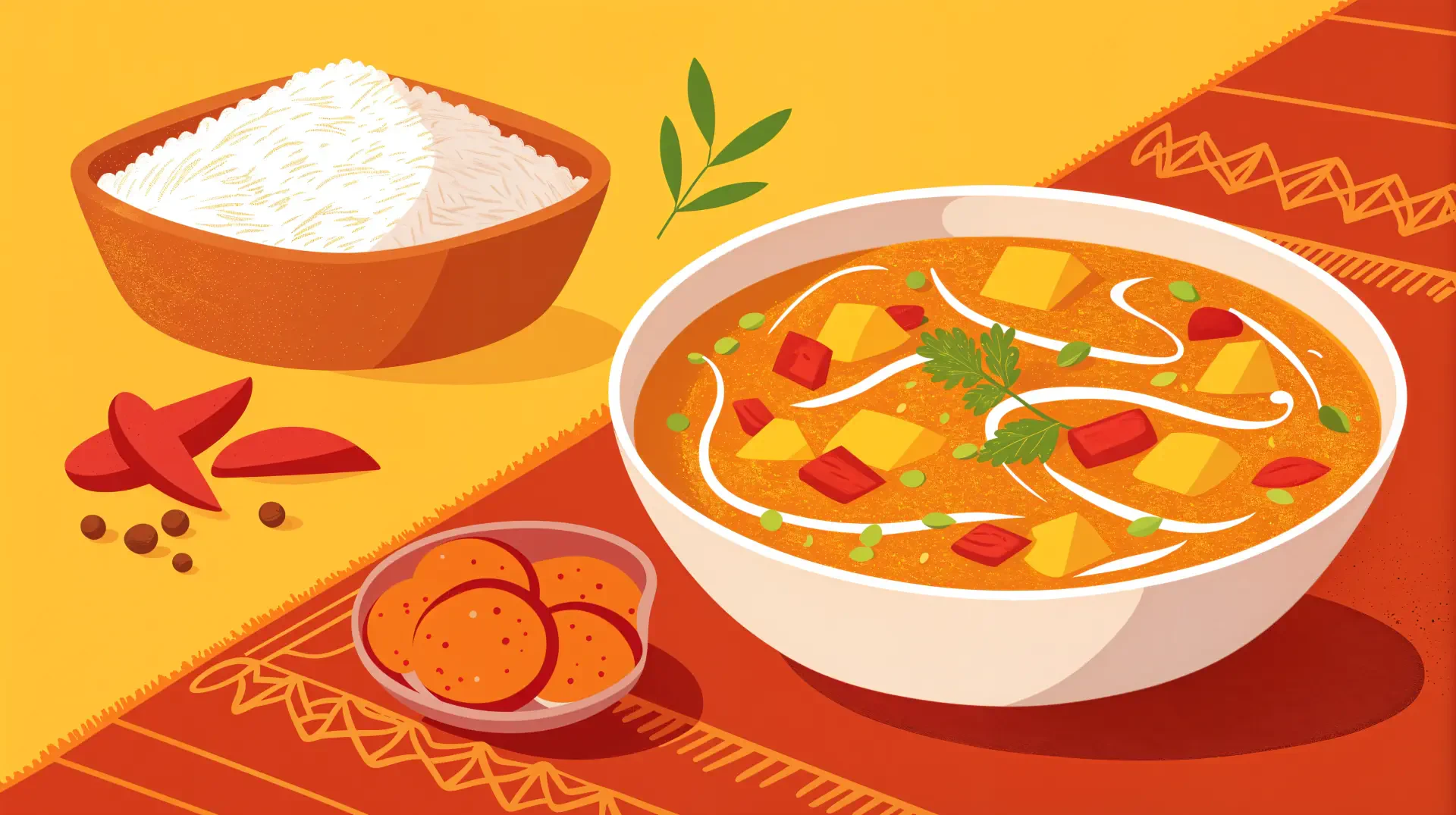 A vibrant 4K Ultra HD desktop wallpaper featuring delicious curry in a bowl, accompanied by rice and spices on a colorful table setting.