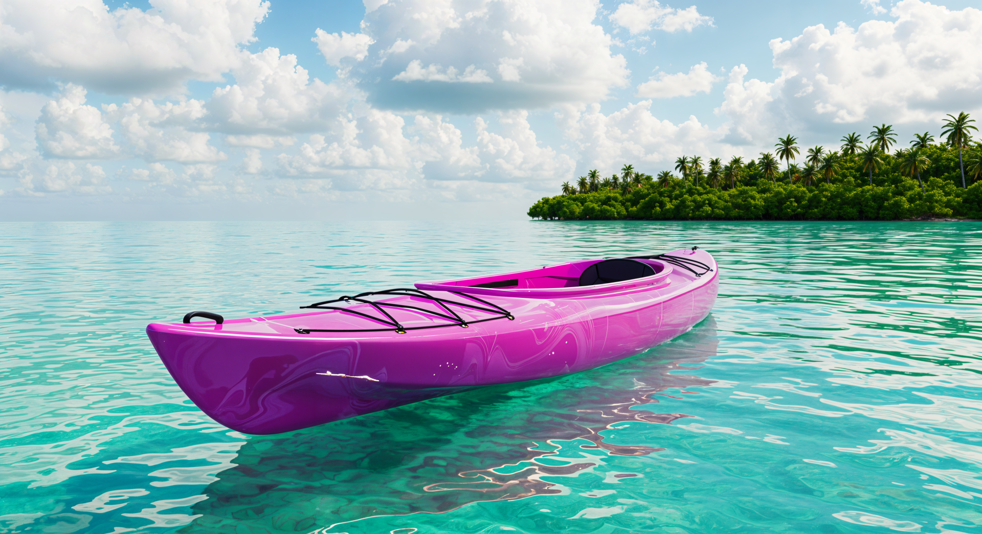 A vibrant pink kayak floats serenely on clear turquoise waters, with lush greenery and a cloudy sky in the background, captured as a stunning 4K Ultra HD desktop wallpaper.