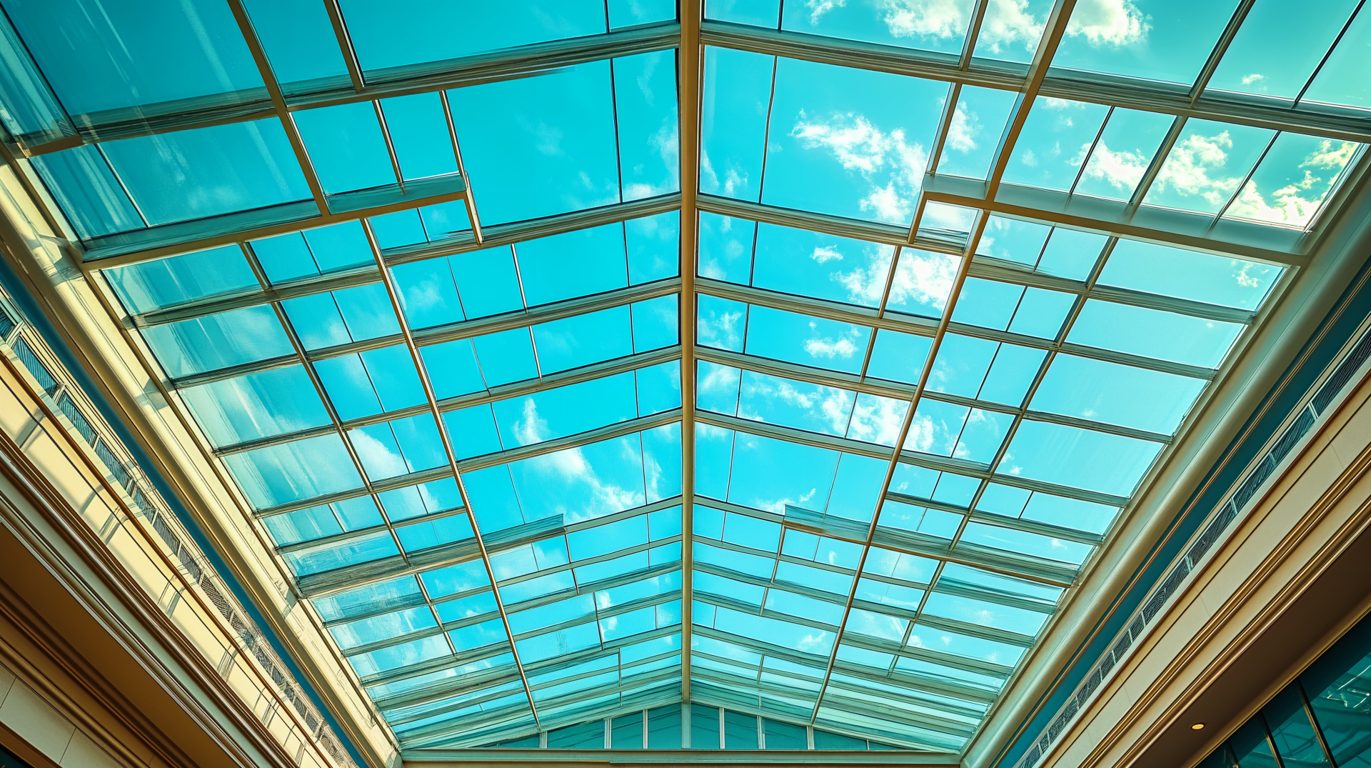 A stunning 4K Ultra HD wallpaper featuring a glass ceiling, showcasing a bright blue sky with fluffy clouds, creating a spacious and airy atmosphere.