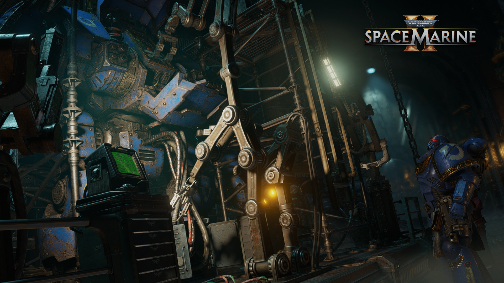 A dynamic HD wallpaper from the video game Warhammer 40K: Space Marine 2, featuring intricate machinery and a Space Marine in a dark, atmospheric setting.