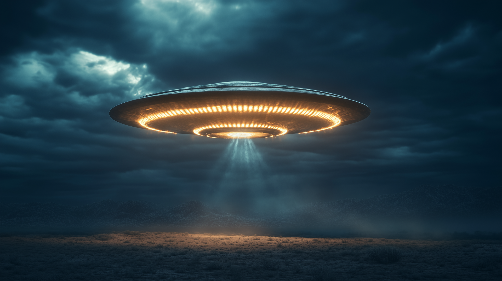 HD desktop wallpaper depicting a sci-fi UFO spacecraft hovering above the ground with glowing lights, suggesting an intense UFO invasion scene in a dark, cloudy sky.