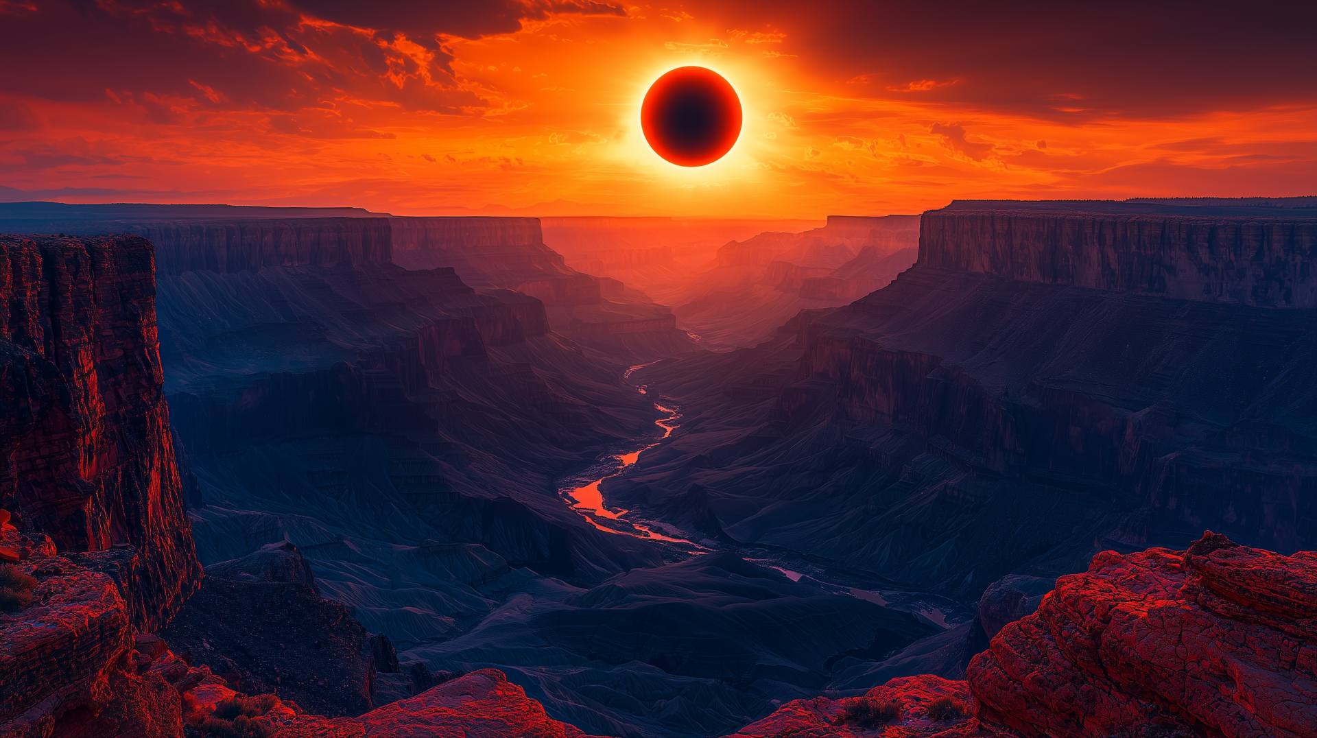 HD PC desktop wallpaper showing a dramatic solar eclipse over a canyon landscape with mountains silhouetted against a fiery orange sky.
