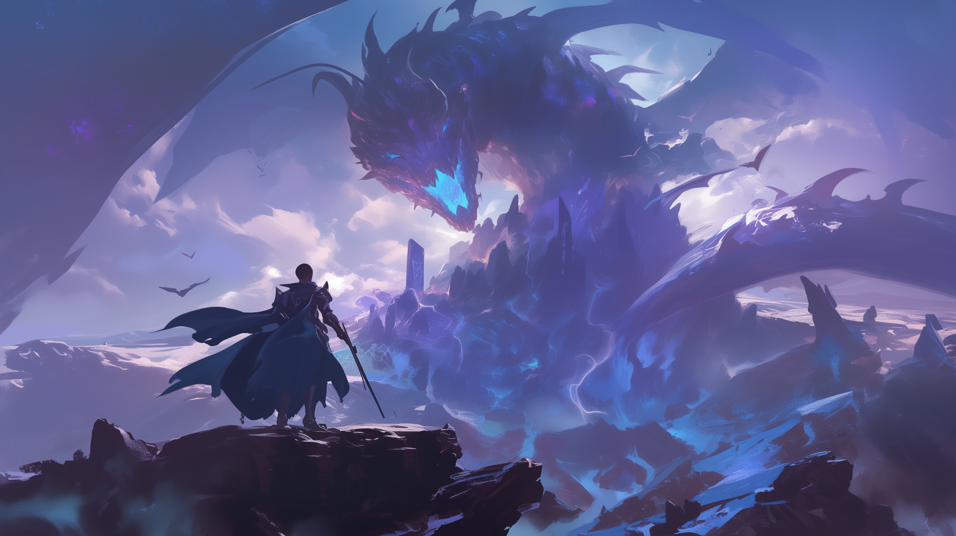A fantasy adventure scene features a lone warrior facing a colossal dragon, with an atmospheric backdrop of a mystical castle, creating a captivating battle setting. HD wallpaper.