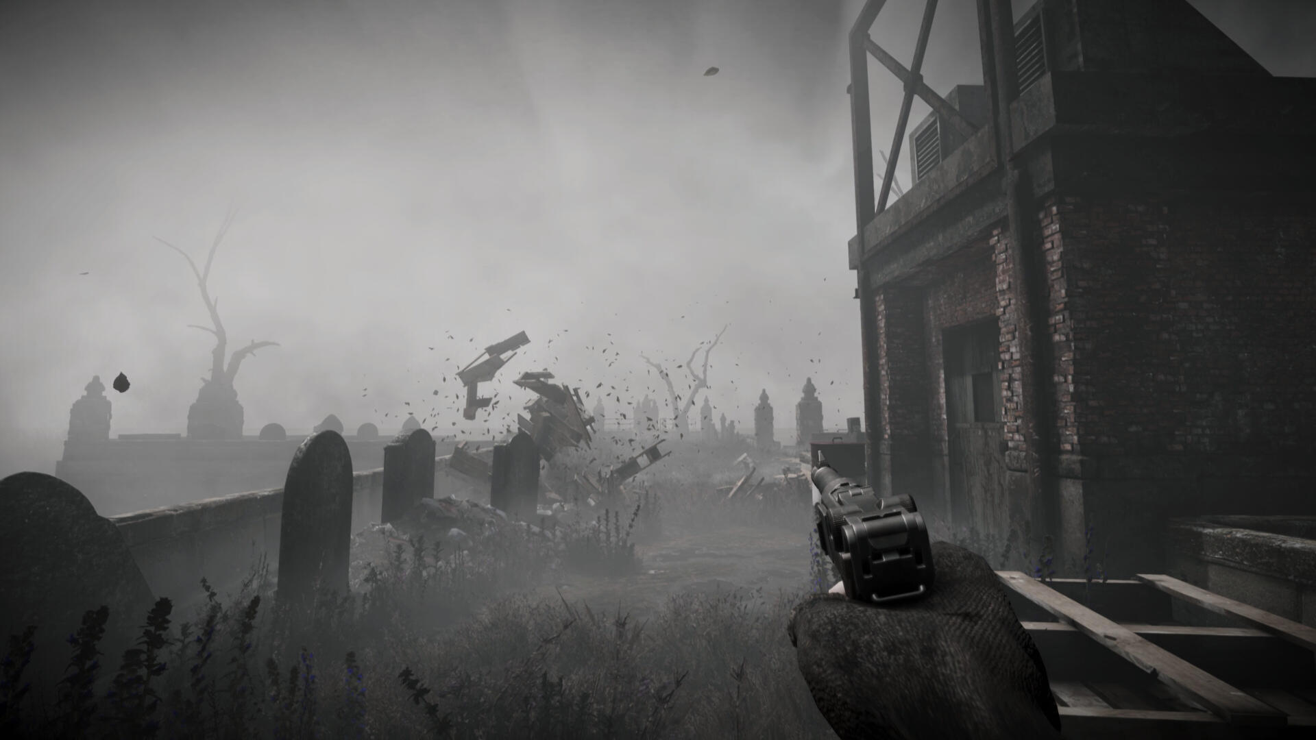A gritty, atmospheric scene from the video game Total Chaos, showcasing a character aiming a gun amidst a foggy, desolate landscape, rendered in stunning 4K Ultra HD.