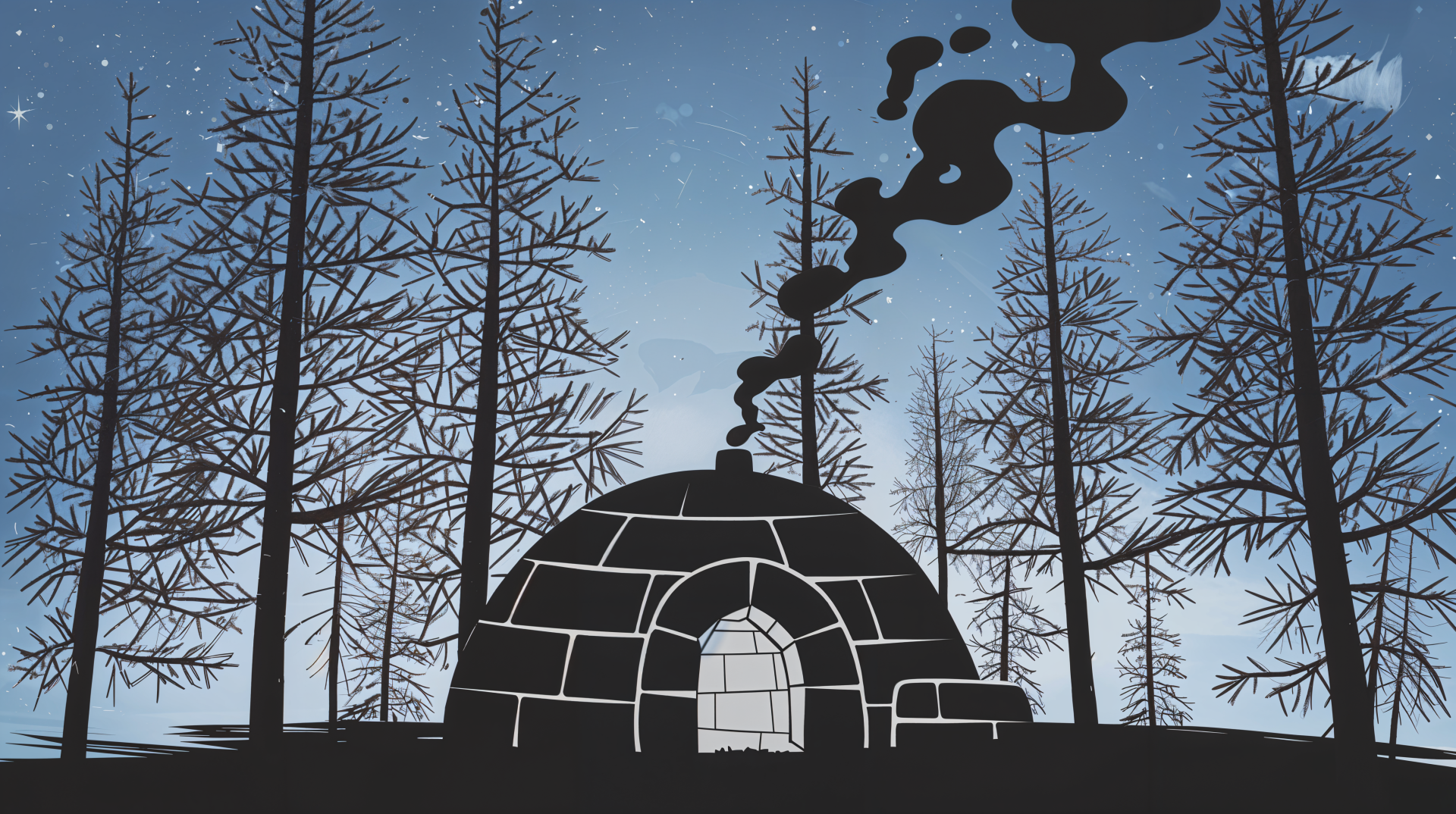 A stylized igloo rises amidst tall, dark trees under a starry sky, with a trail of smoke curling upwards. This captivating image serves as a 4K Ultra HD PC desktop wallpaper and background.