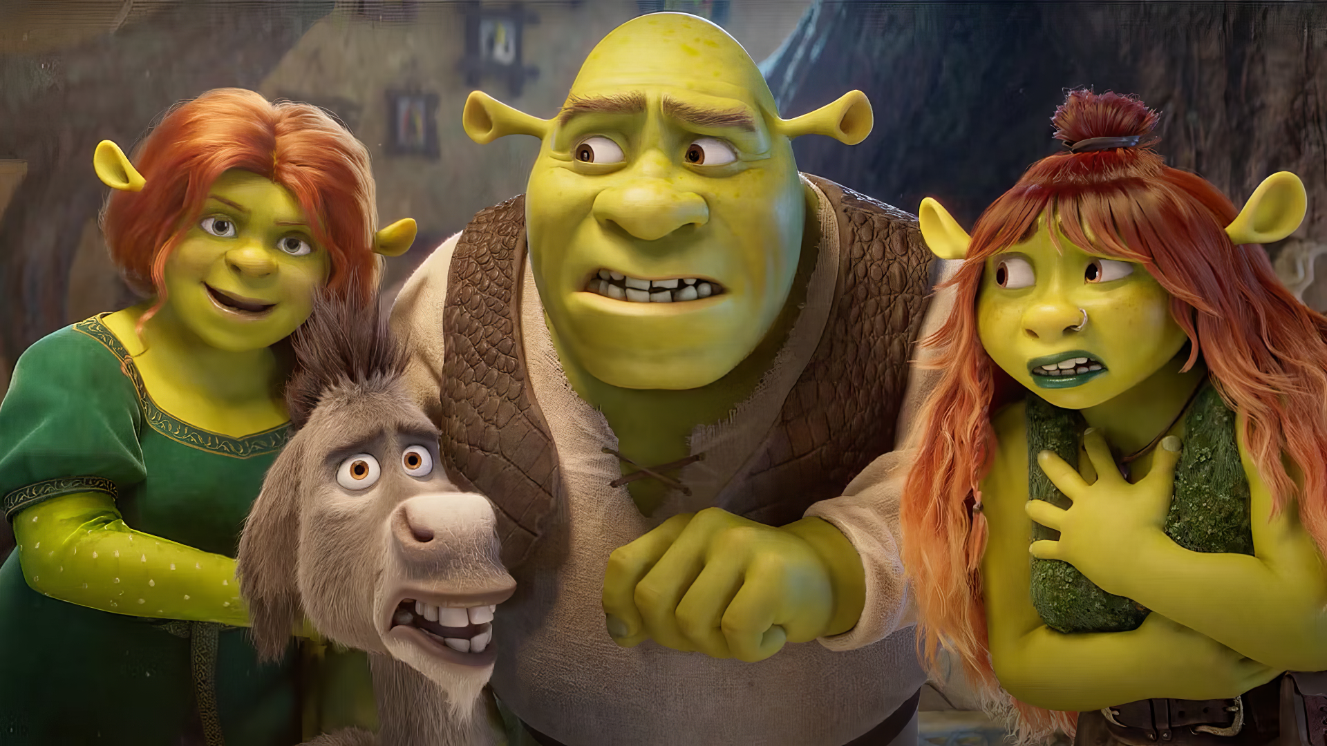 A vibrant HD wallpaper featuring characters from Shrek 5: Shrek, Princess Fiona, Donkey, and two other ogres, each displaying a mix of emotions in a whimsical setting.