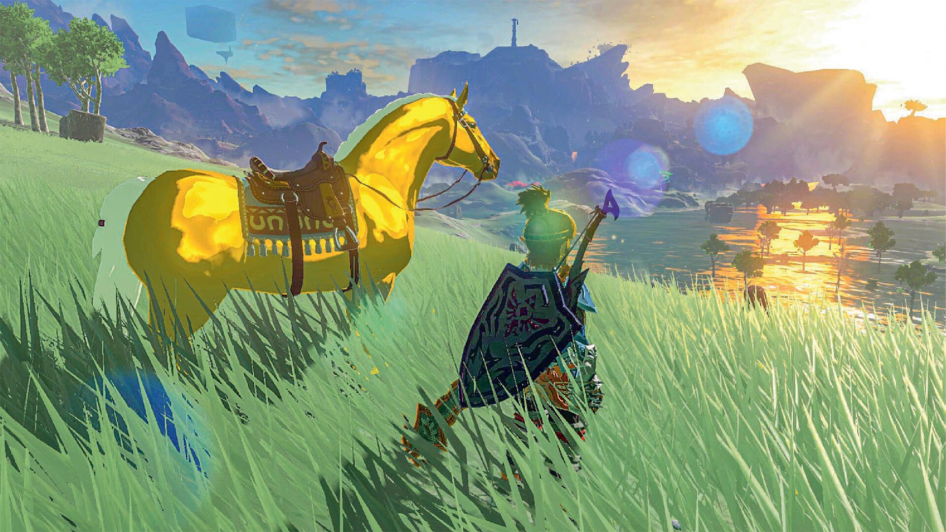 HD PC desktop wallpaper for The Legend of Zelda: Tears of the Kingdom — Link in tall grass beside a golden horse at sunset, with distant mountains and a glowing lake.