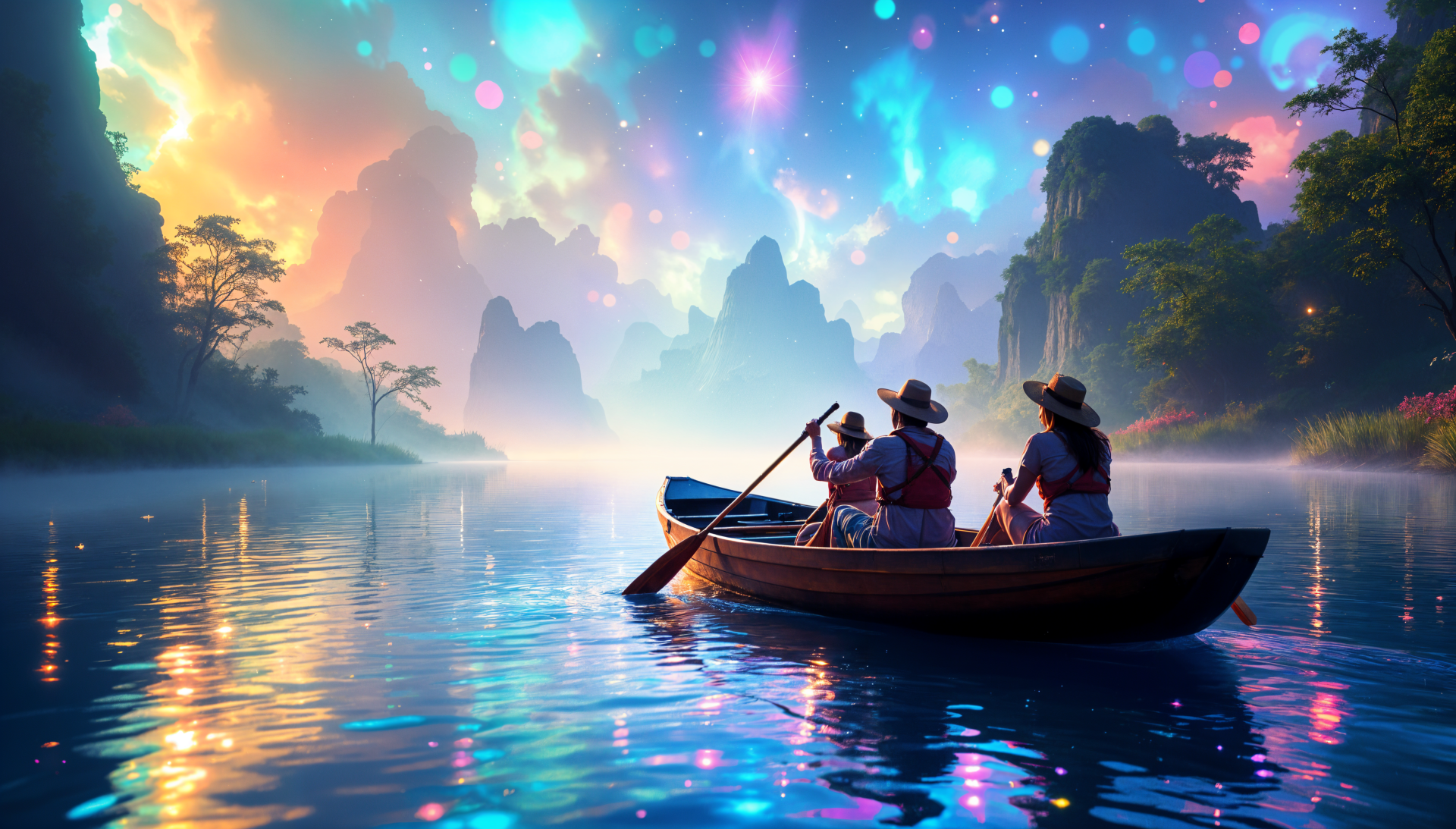 A serene 4K Ultra HD desktop wallpaper featuring a tranquil scene of people in a boat on a reflective lake, surrounded by lush mountains and a vibrant, colorful sky.