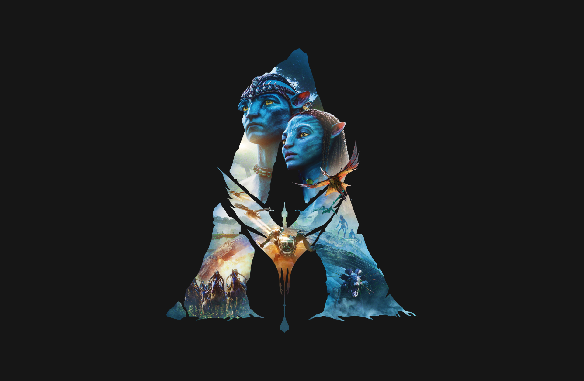 Avatar-themed 8K Ultra HD PC desktop wallpaper: stylized silhouette with two blue Na'vi faces and vivid Pandora landscapes against a black background.