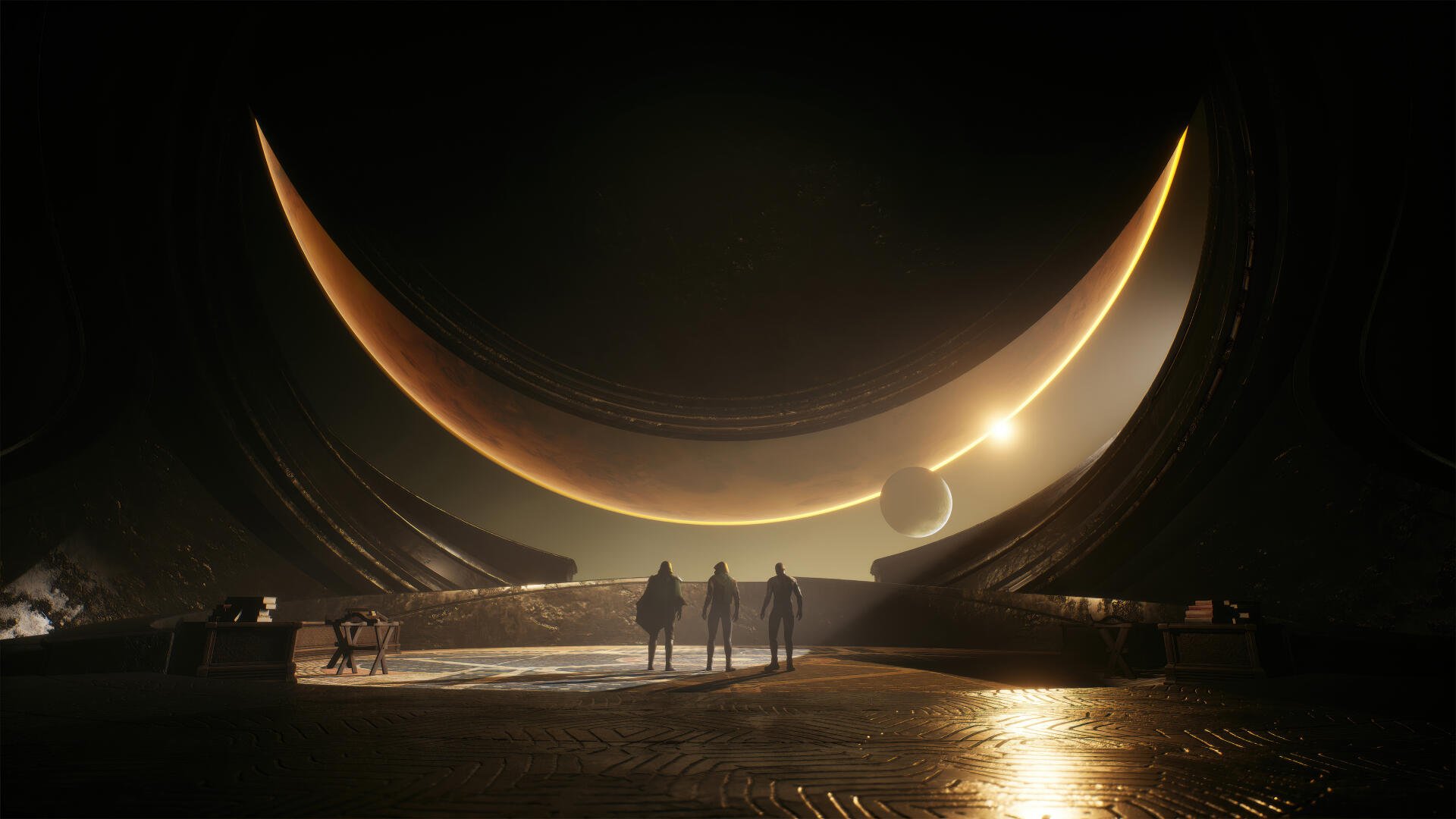 4K Ultra HD PC wallpaper of Dune: Awakening featuring silhouettes of figures against a glowing crescent celestial body in a vast desert landscape.