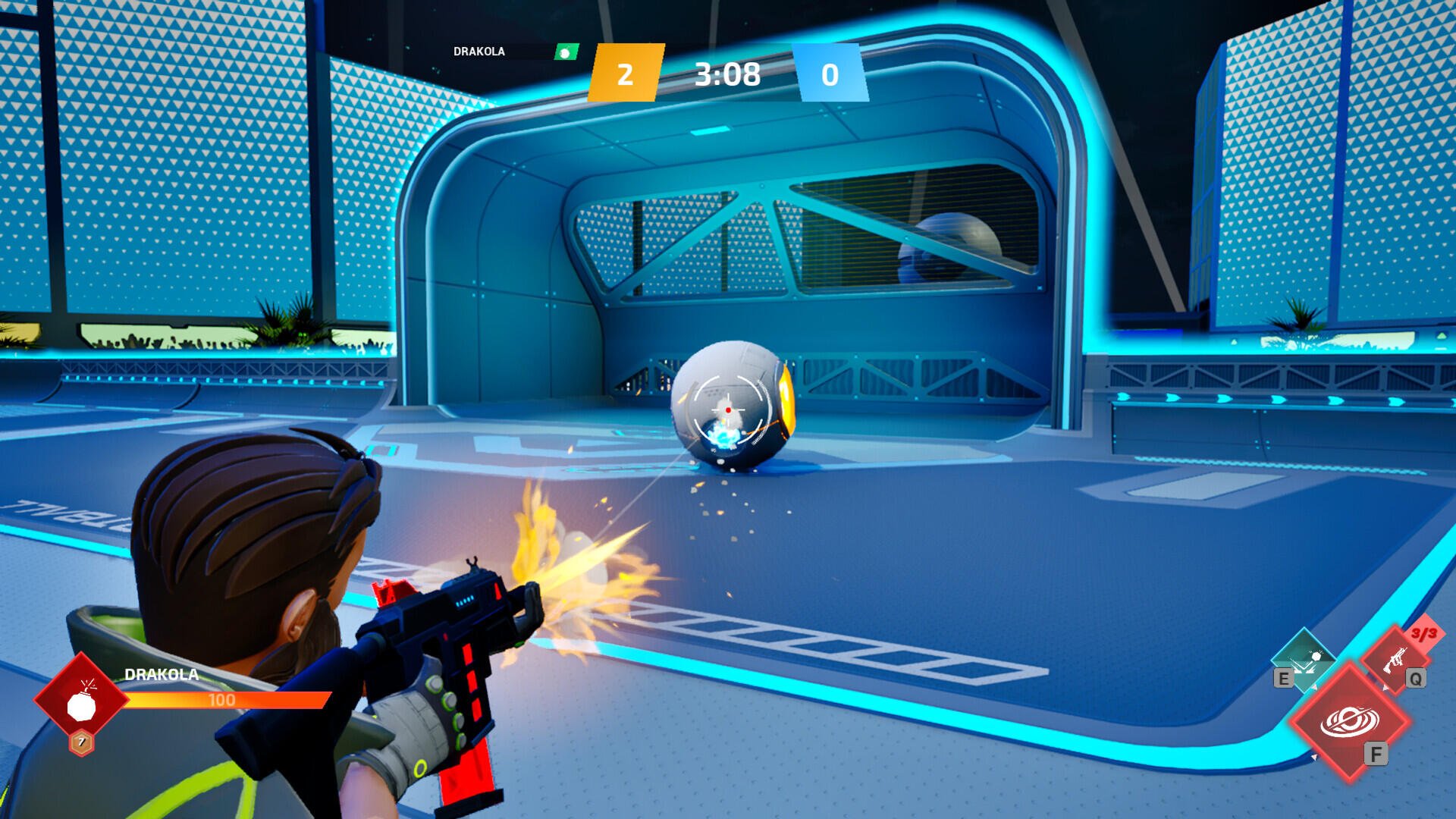 A vibrant HD PC desktop wallpaper showcasing a dynamic moment in the video game Shotball, featuring a character shooting at a ball within a futuristic arena.