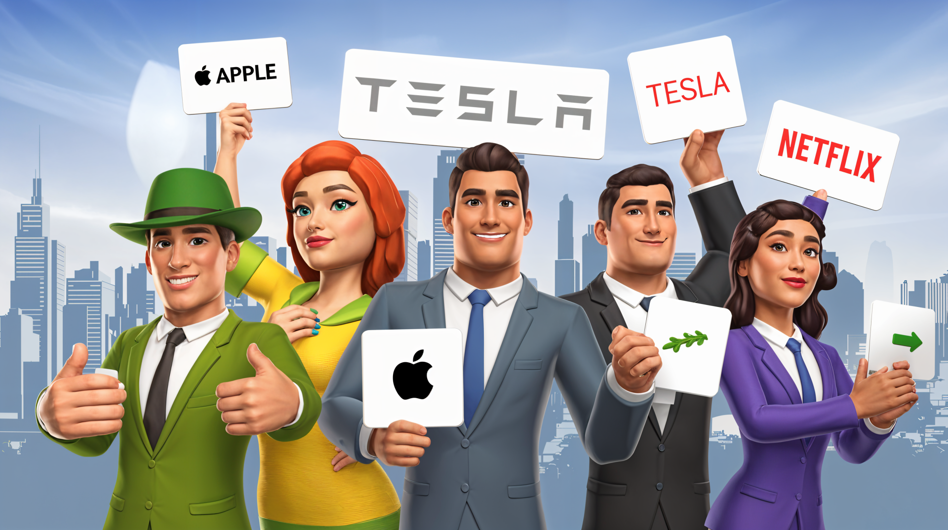 A vibrant 4K Ultra HD stock market themed wallpaper featuring animated characters holding signs for major companies like Apple, Tesla, and Netflix, set against a city skyline.