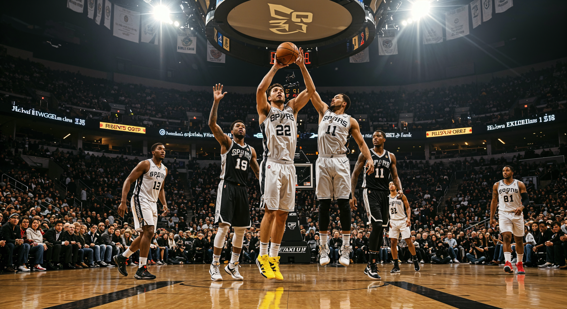 A dynamic San Antonio Spurs moment captured in a 4K Ultra HD wallpaper, featuring players in action on the court, showcasing the intensity of basketball.