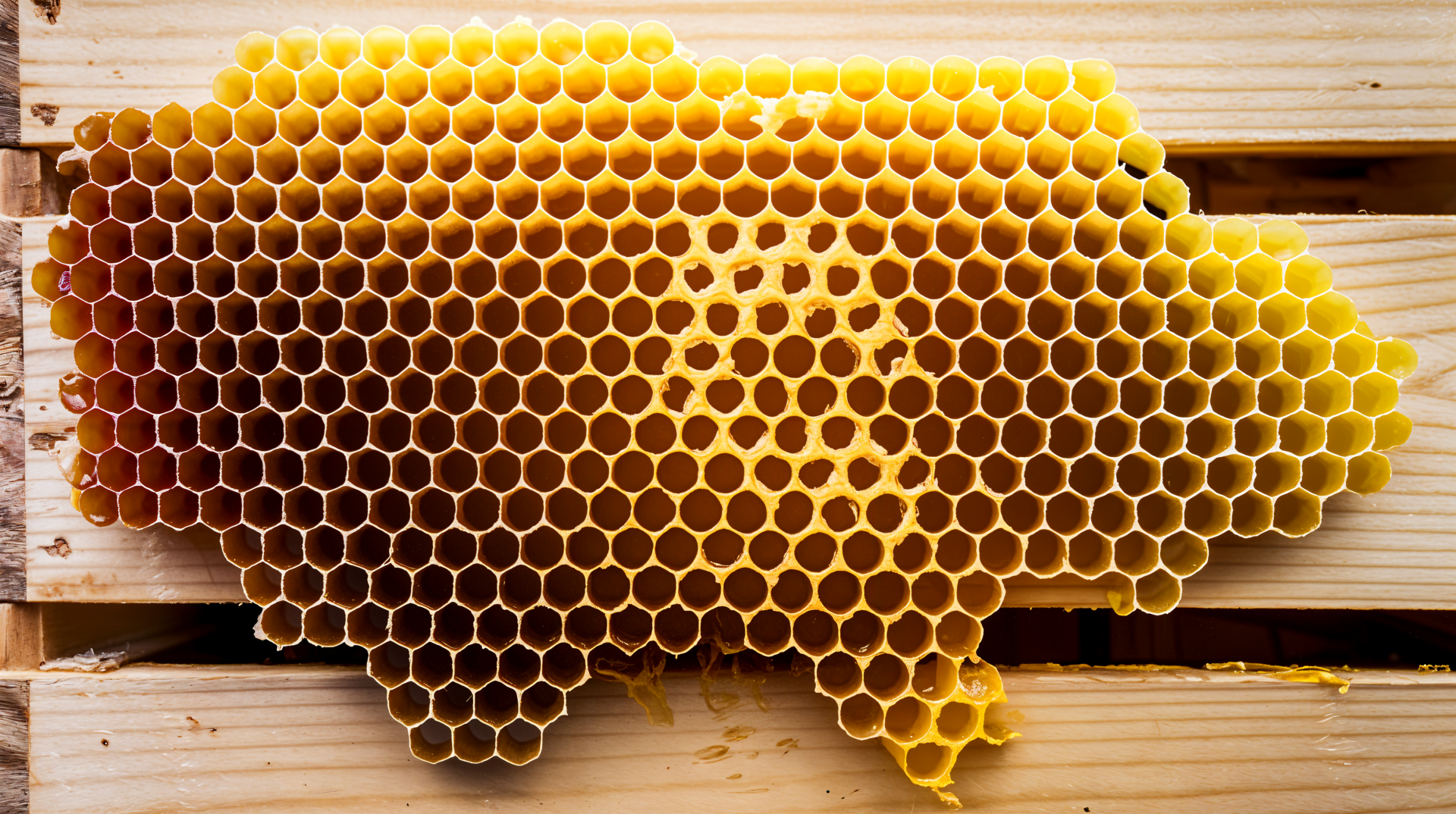 Close-up 4K Ultra HD image of a golden beeswax honeycomb in a natural beekeeping setting, showcasing intricate hexagonal patterns filled with honey.