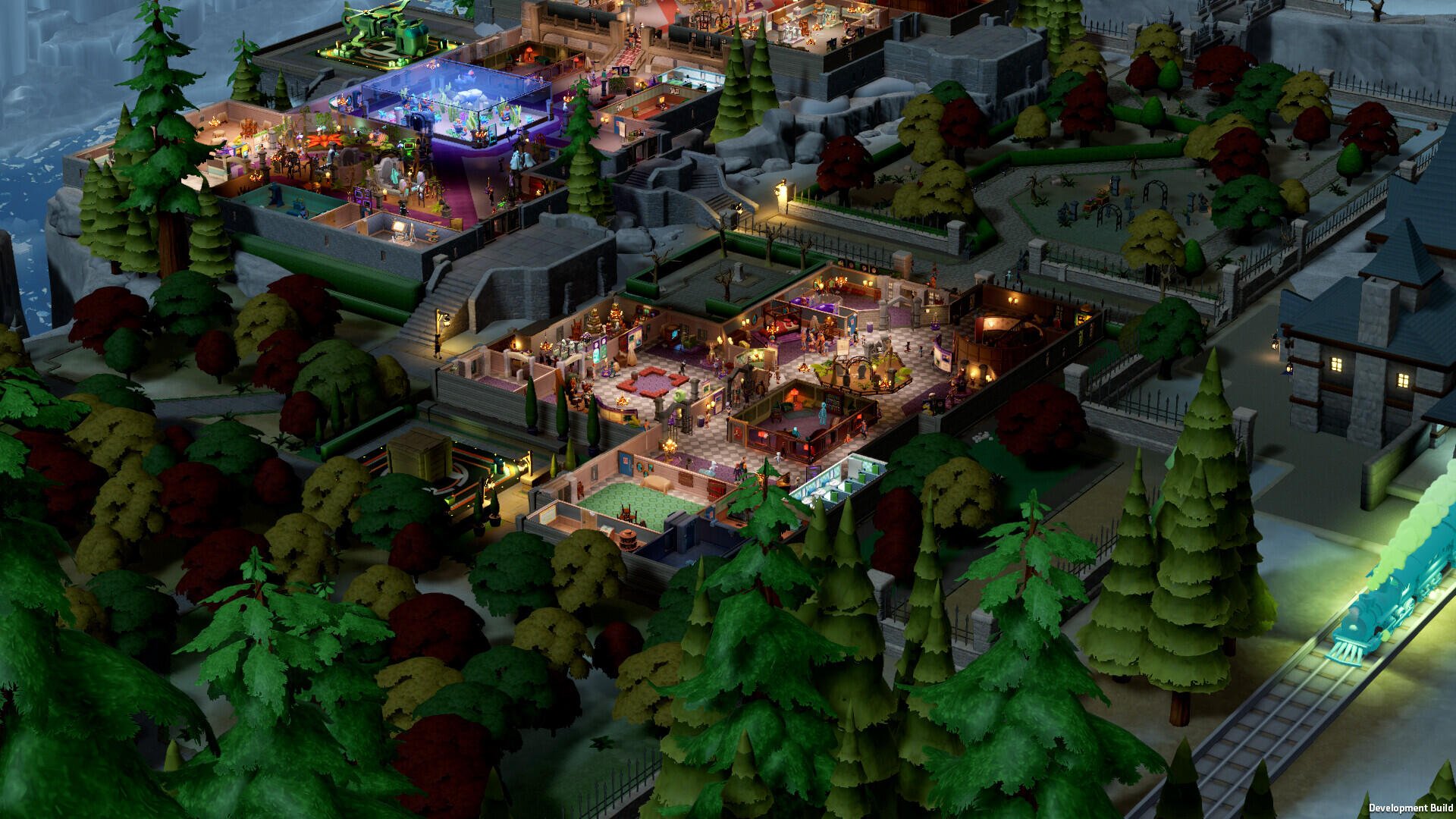 A vibrant HD wallpaper featuring a colorful scene from the video game Two Point Museum, showcasing intricate buildings and lush greenery in an engaging layout.