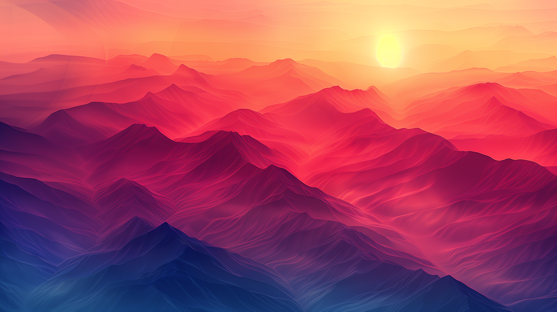 HD PC desktop wallpaper featuring a mountain range bathed in warm colors of a glowing sunset, blending hues of pink, orange, and purple across the landscape.