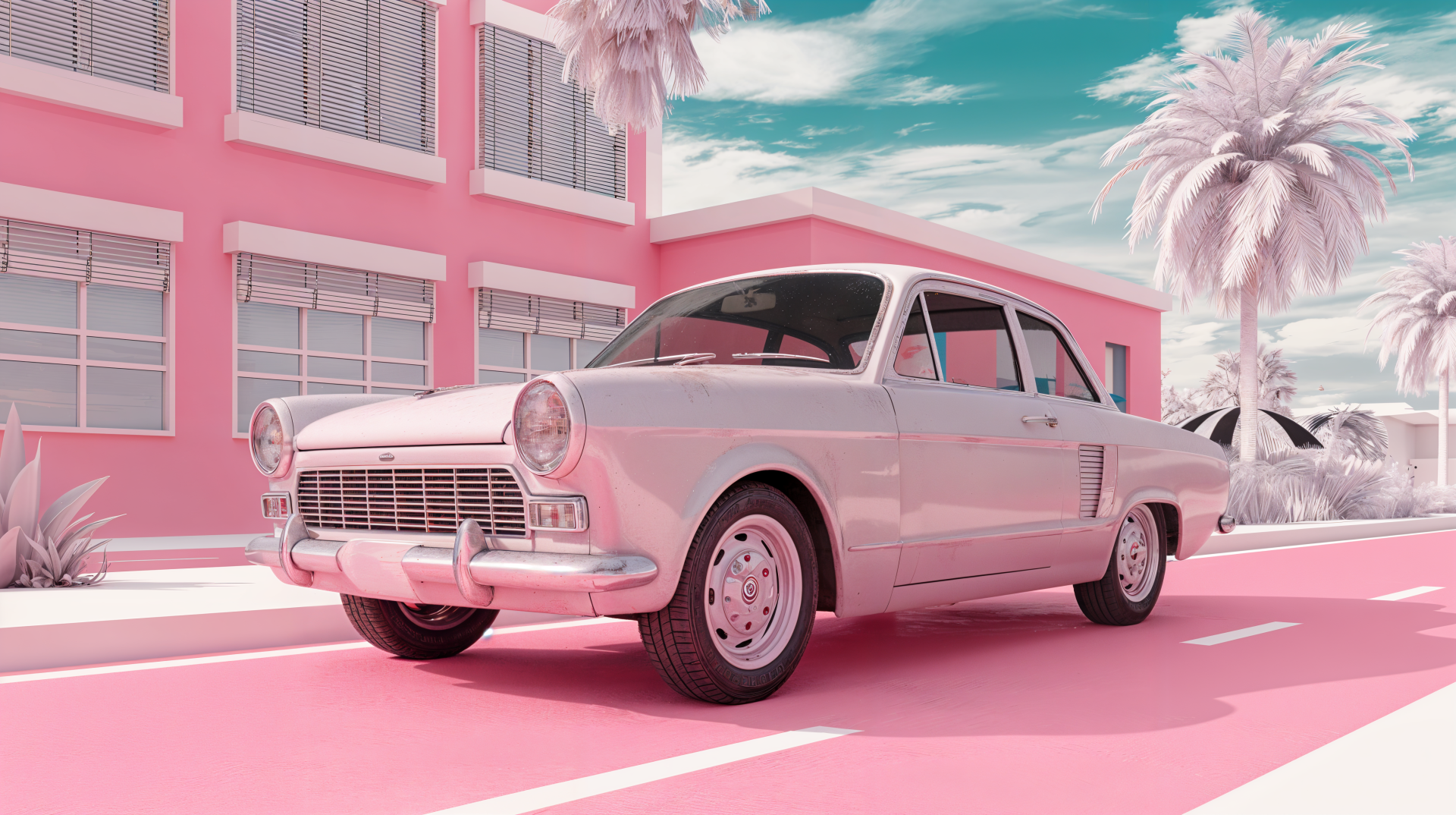 A vintage car parked on a pink road, surrounded by palm trees and pastel buildings, creates a vibrant and nostalgic scene in this 4K Ultra HD desktop wallpaper.