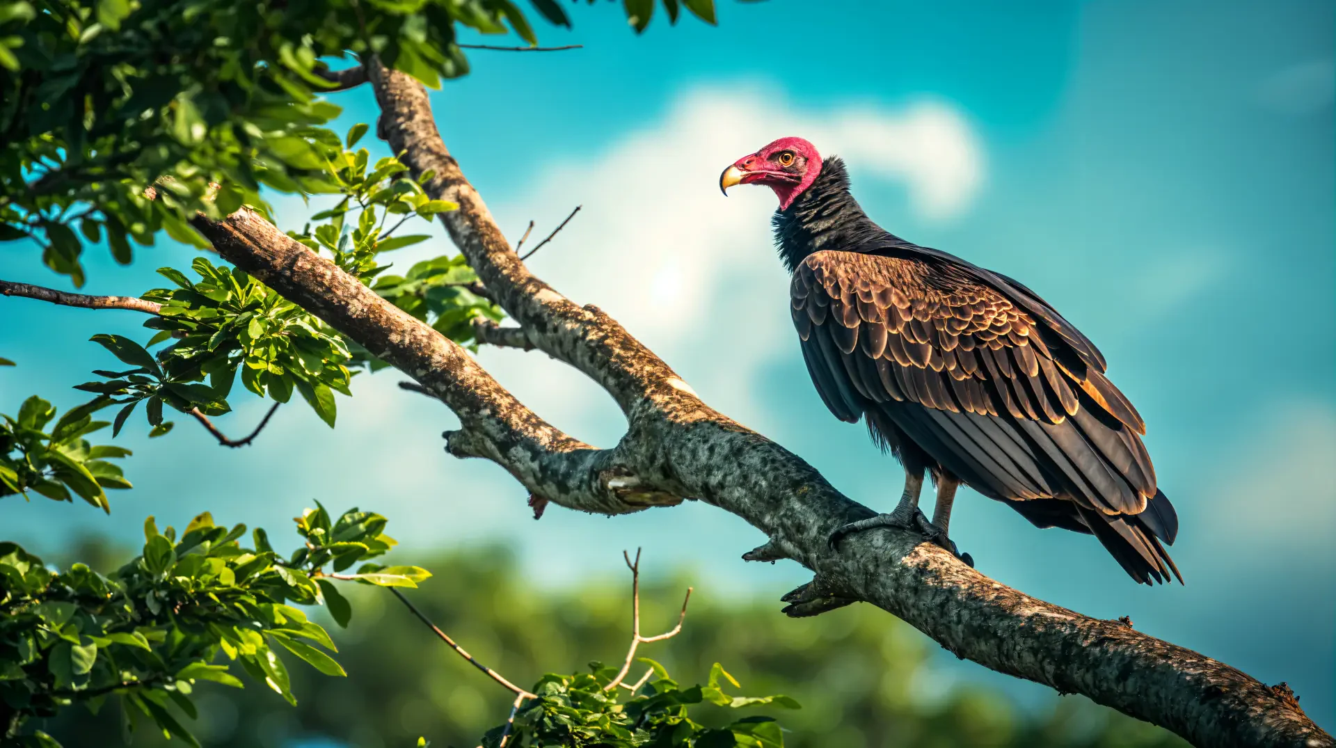 A vulture perches on a tree branch against a vibrant blue sky, showcasing its striking features. This 4K Ultra HD image makes a captivating desktop wallpaper and background.
