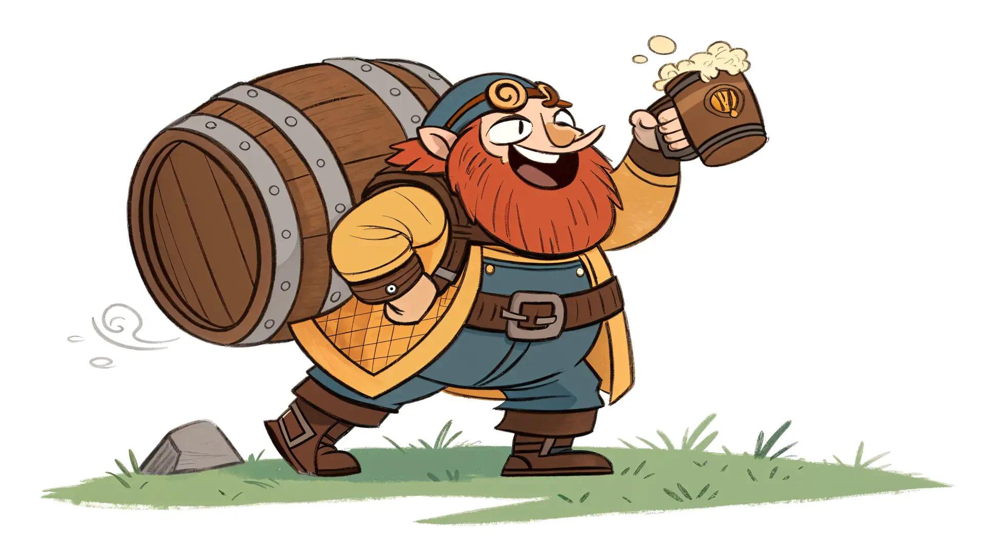 A happy Gragas from League of Legends, joyfully holding a mug of beer while carrying a barrel, set against a grassy background. 4K Ultra HD wallpaper for PC.