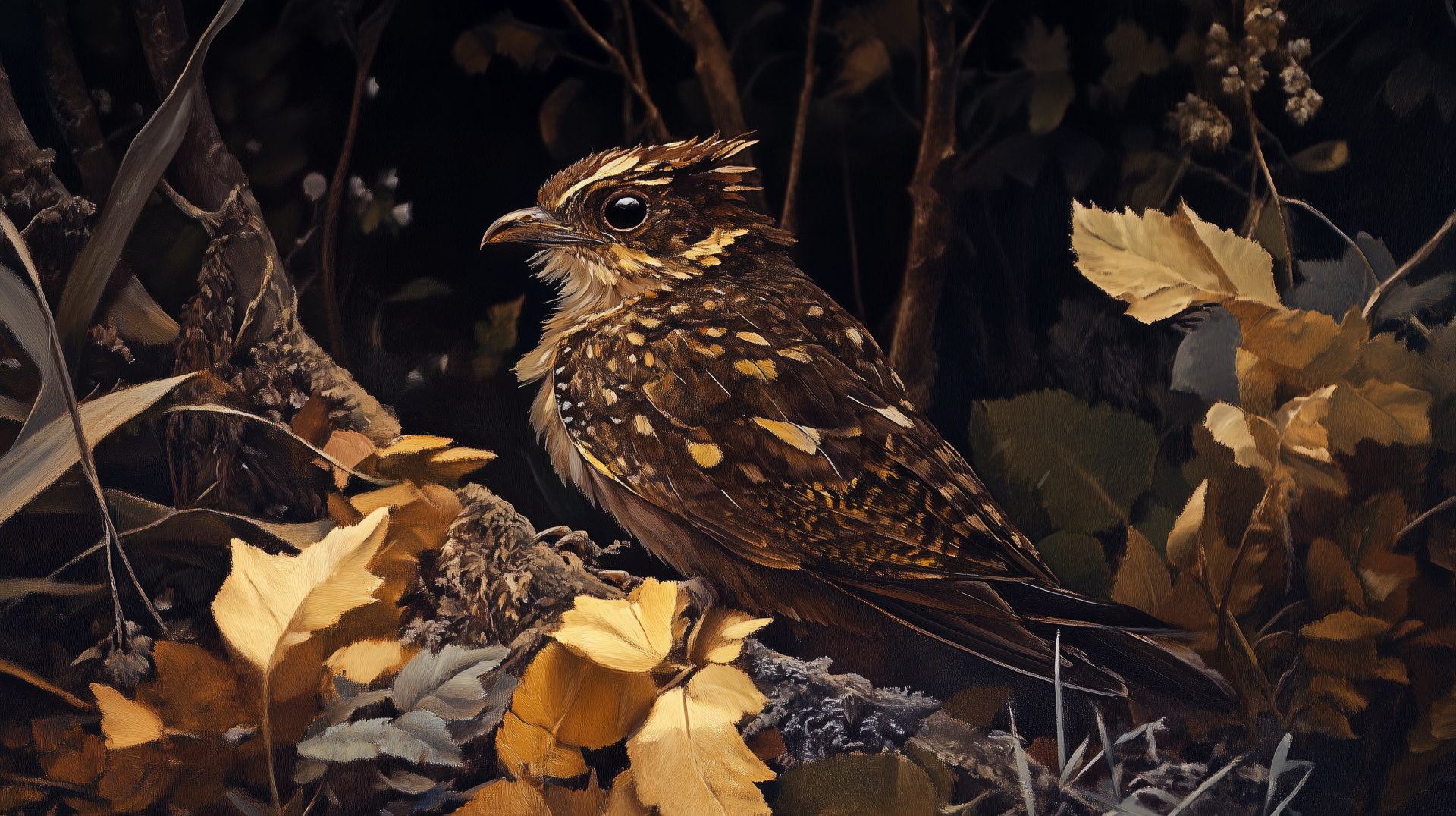 A detailed close-up of a nightjar perched among autumn leaves, showcasing its intricate plumage against a dark, natural background. This image serves as an HD wallpaper for nature enthusiasts.