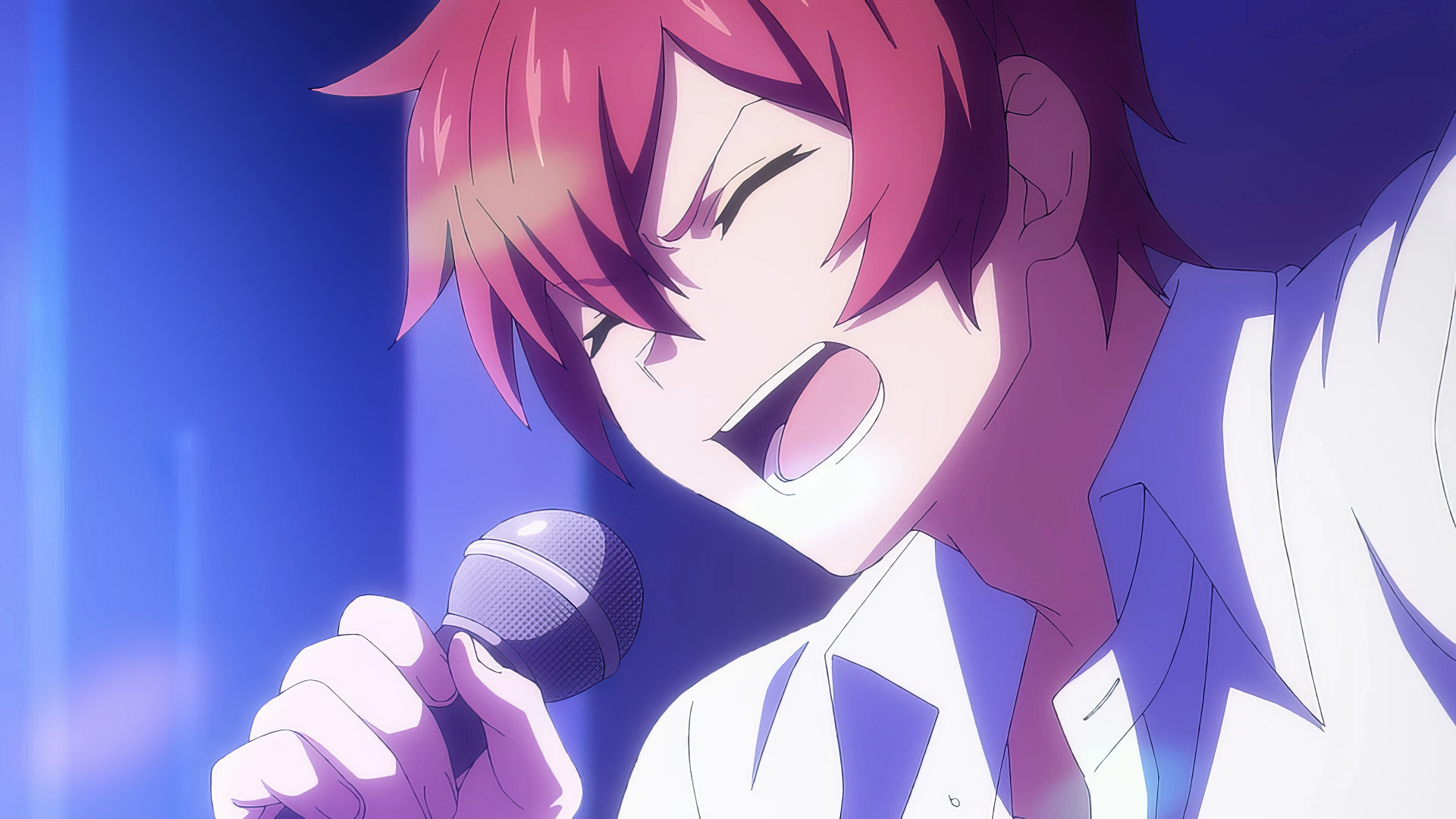 A vibrant HD anime scene from UniteUp! Uni:Birth, featuring a character passionately singing into a microphone, capturing the excitement of a performance.
