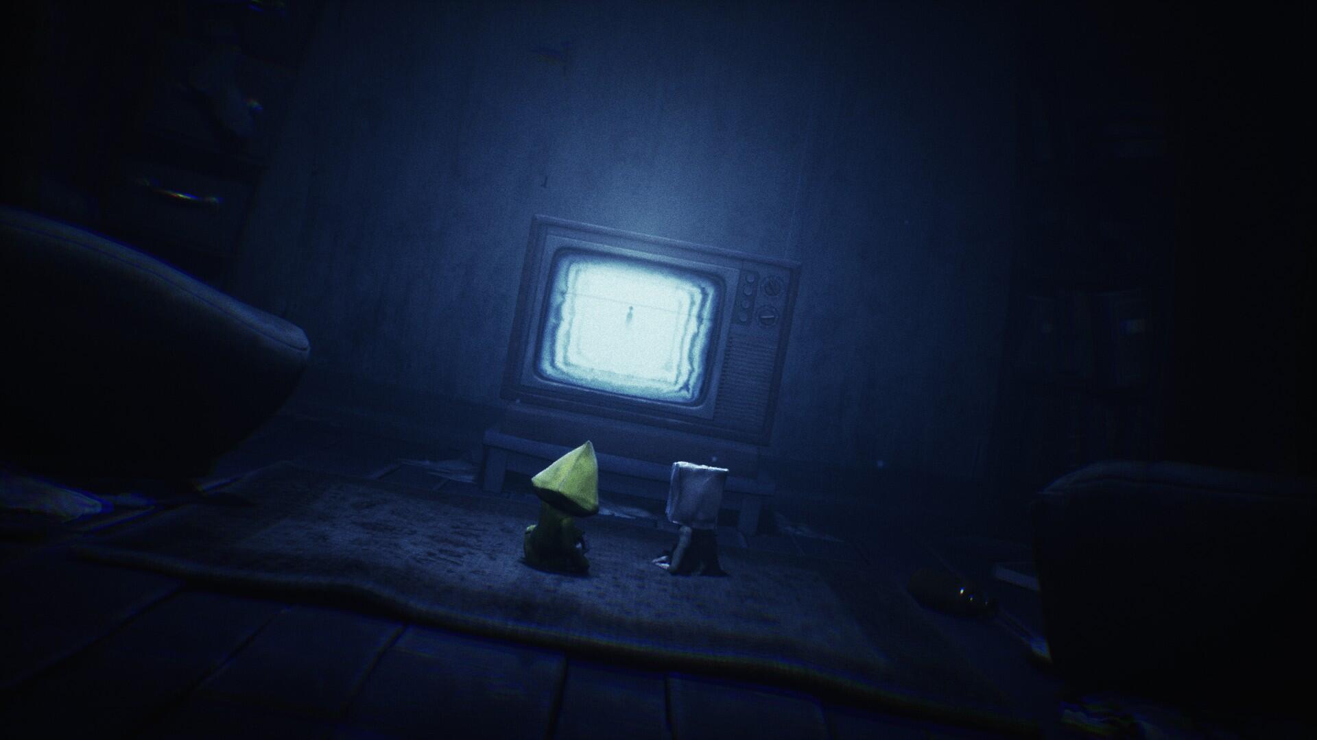 A dark, atmospheric wallpaper featuring Six from Little Nightmares, facing a flickering TV in a mysterious environment, capturing the eerie essence of the video game.