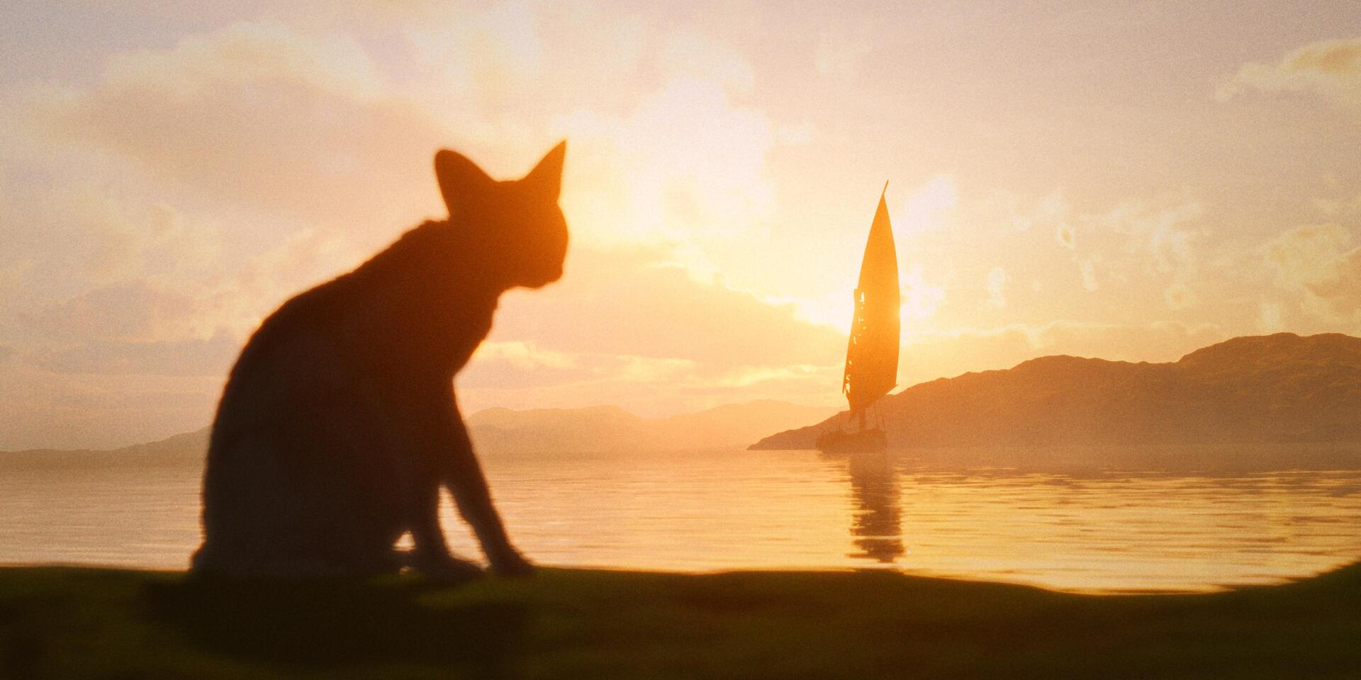A serene HD desktop wallpaper from the movie Flow (2024), featuring a silhouette of a cat with a sunset and sailboat in the background, evoking tranquility and beauty.