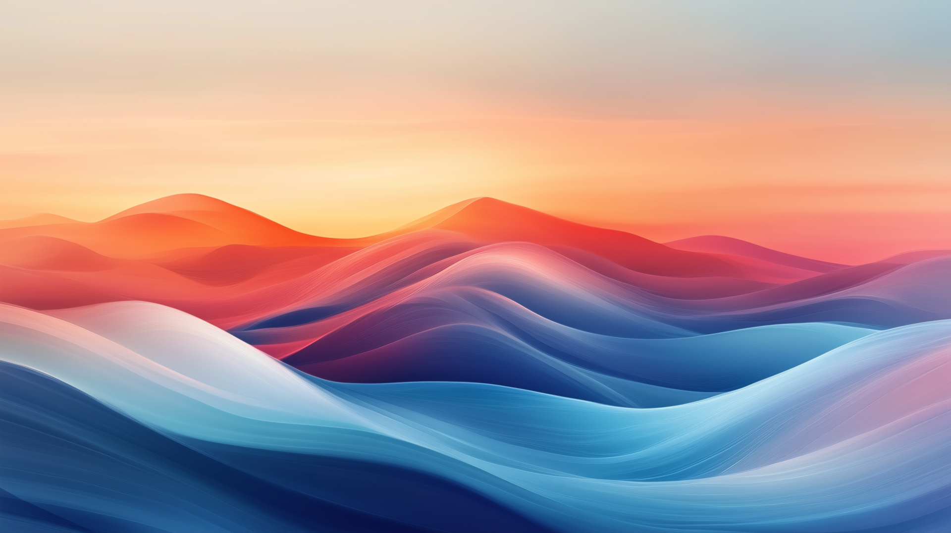 Minimalist abstract landscape of rolling gradient waves in warm sunset and cool blue tones — 2K Quad HD PC desktop wallpaper/background.