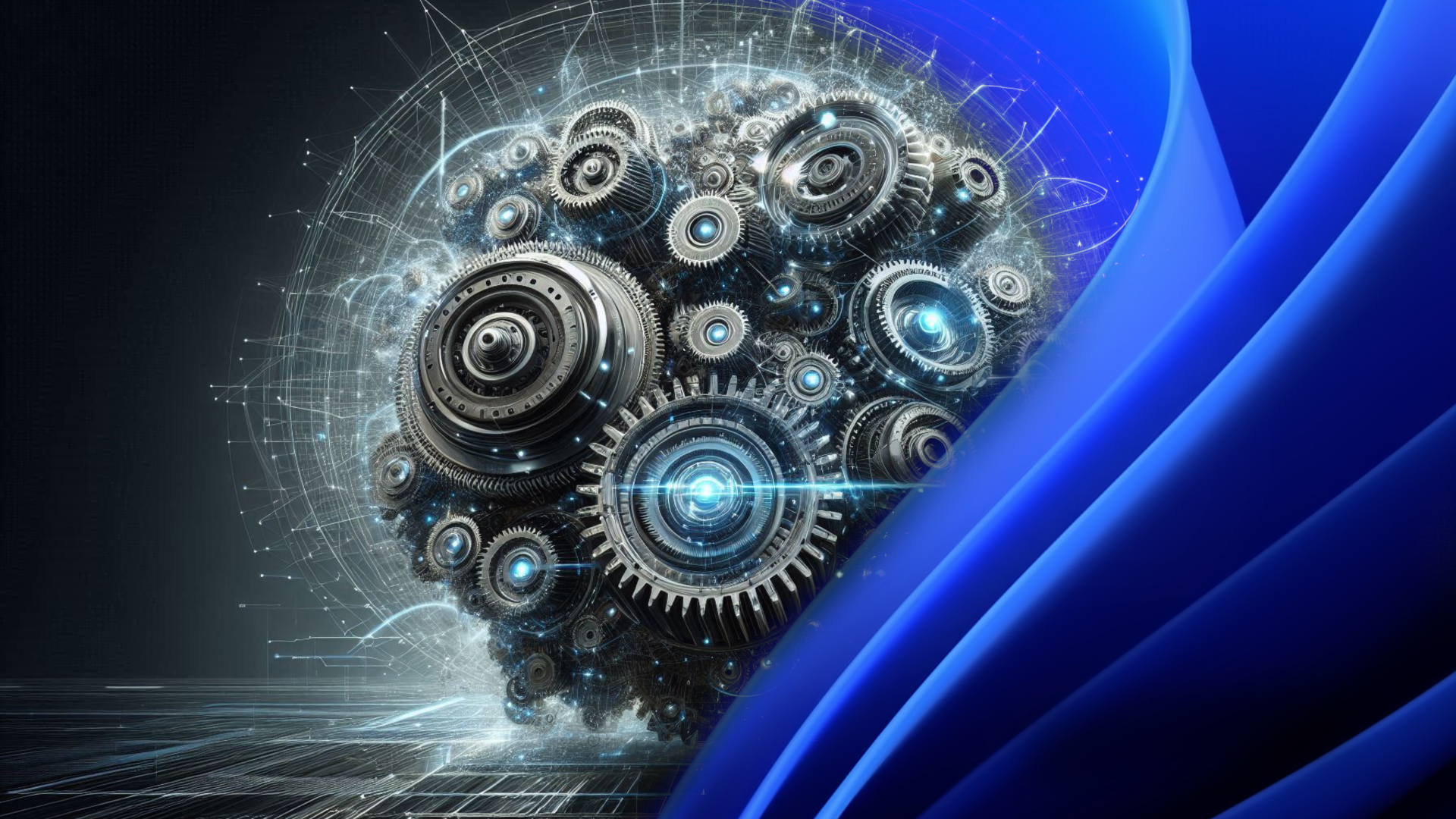 Windows 11 2025 4K Ultra HD PC desktop wallpaper: futuristic mechanical gear sphere with glowing blue cores over a dark tech grid and flowing blue Windows drape.