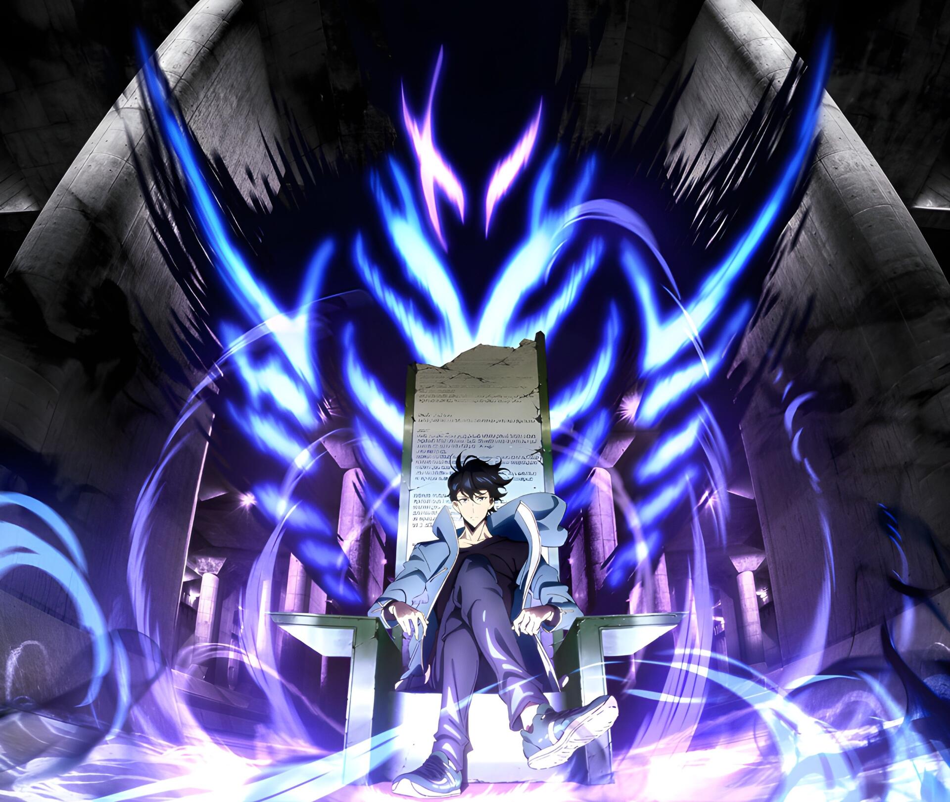 HD PC desktop wallpaper featuring Sung Jin-Woo from Solo Leveling seated on a throne with the glowing spirit of Igris manifesting behind him in vivid blue anime style.