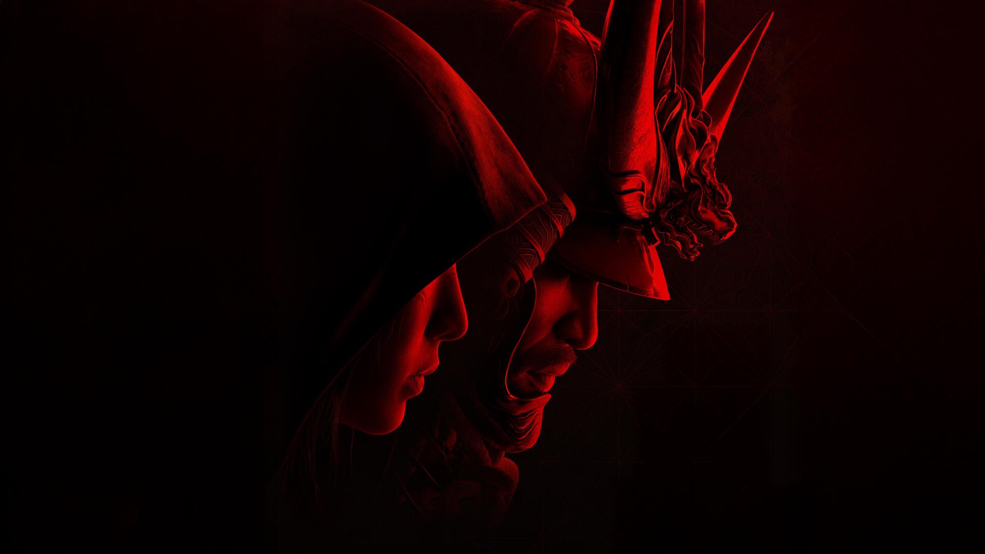 Assassin's Creed Shadows 5K Ultra HD PC desktop wallpaper: two shadowed profiles — a hooded assassin and a samurai helmet — lit in deep red against black.