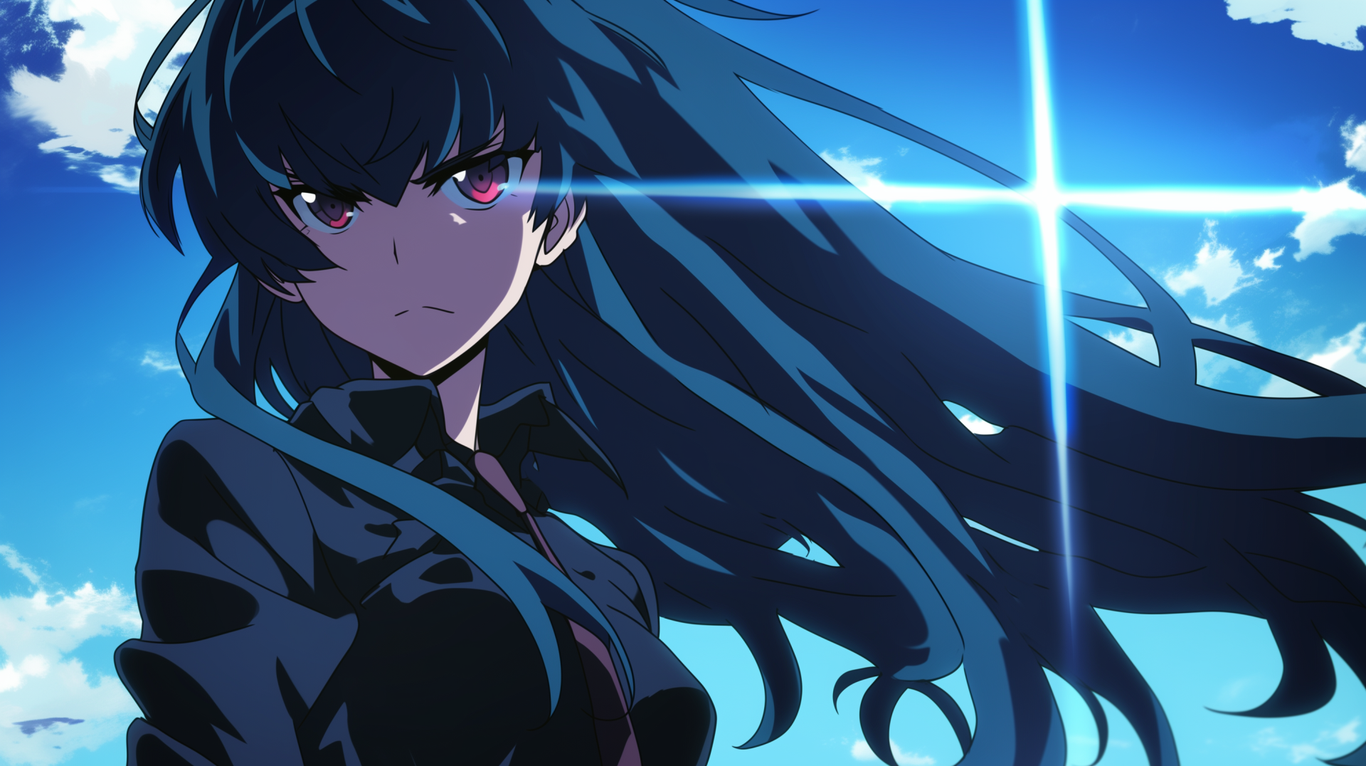 A striking HD wallpaper featuring Akame from Akame ga Kill! with flowing blue hair and intense red eyes against a bright sky backdrop.