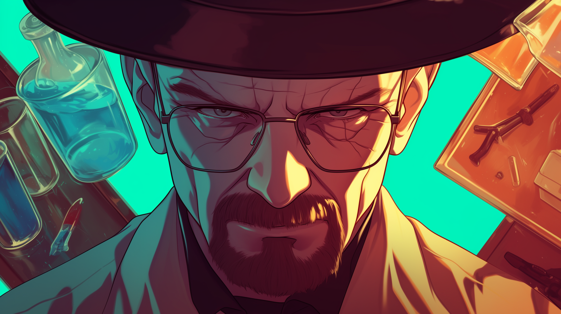 An artistic HD wallpaper featuring Walter White from the TV show Breaking Bad, showcasing his intense expression among laboratory equipment.
