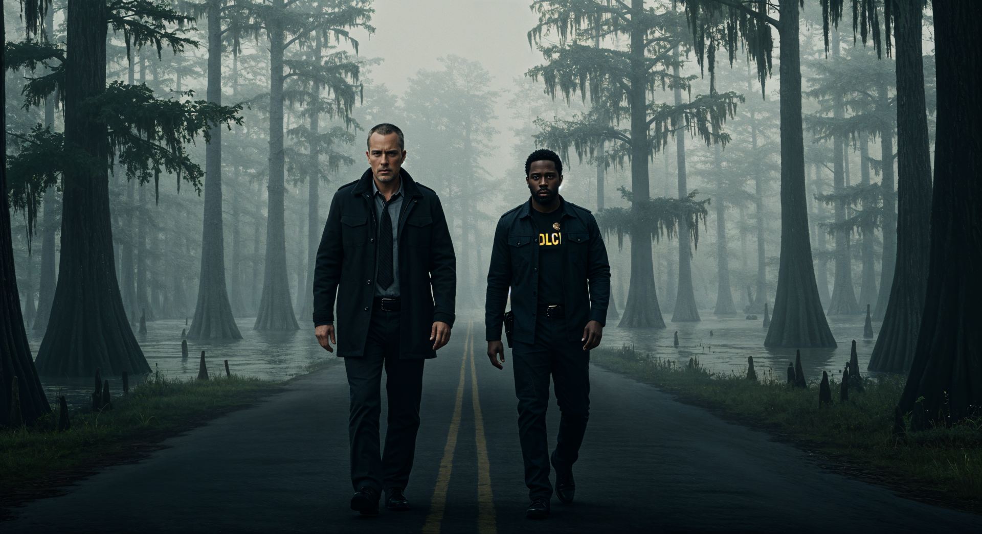 Two figures walk down a deserted road lined with trees in a foggy setting, creating a mysterious atmosphere. This image serves as a captivating 4K Ultra HD PC desktop wallpaper.