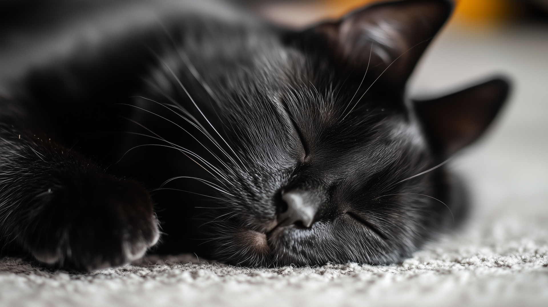 A close-up of a sleeping black cat, with its eyes closed and whiskers visible, captured in high definition, making for a charming desktop wallpaper or background.