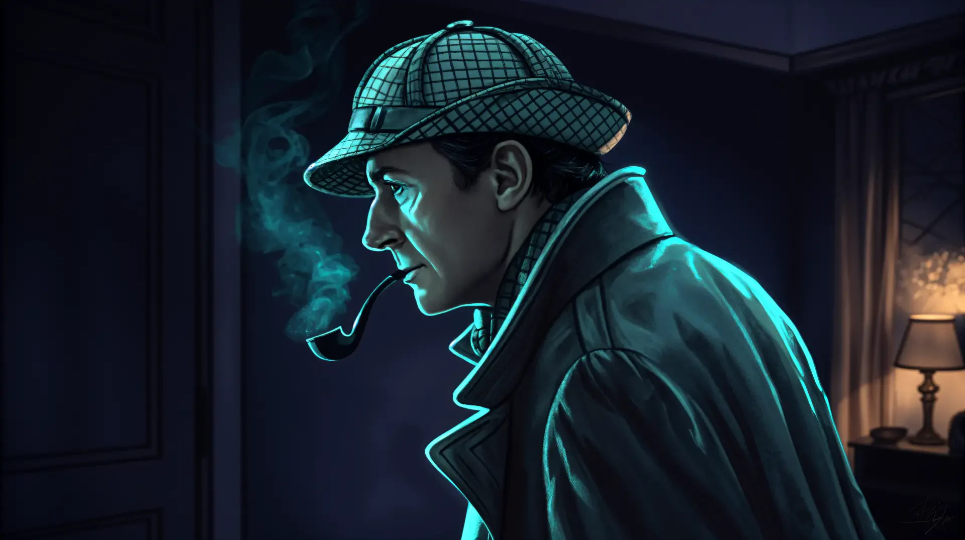 A vibrant 4K Ultra HD desktop wallpaper featuring Sherlock Holmes in profile, wearing his iconic hat and coat, with smoke curling from his pipe in a dimly lit setting.