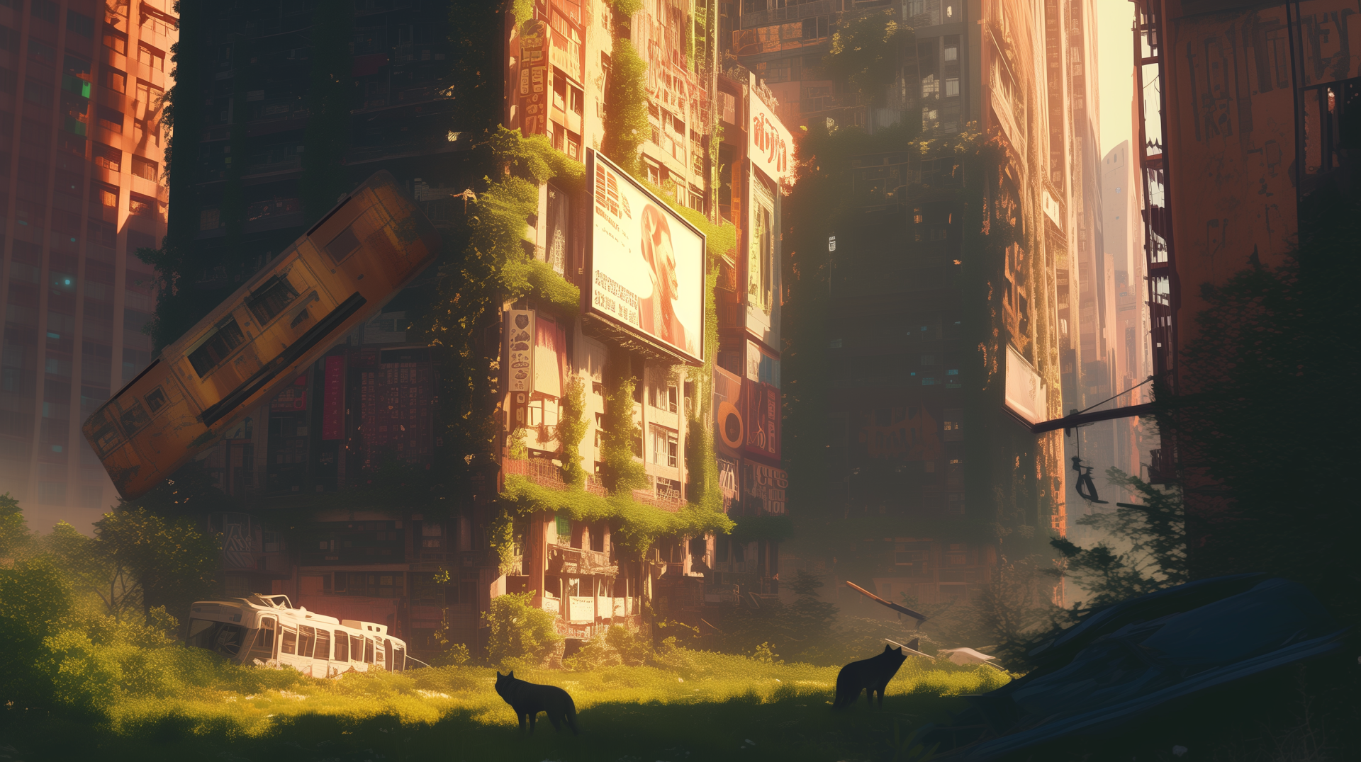 A striking post-apocalyptic scene depicts abandoned skyscrapers overtaken by nature, with hints of loneliness as two dark silhouettes wander through the overgrown cityscape. High-definition wallpaper.