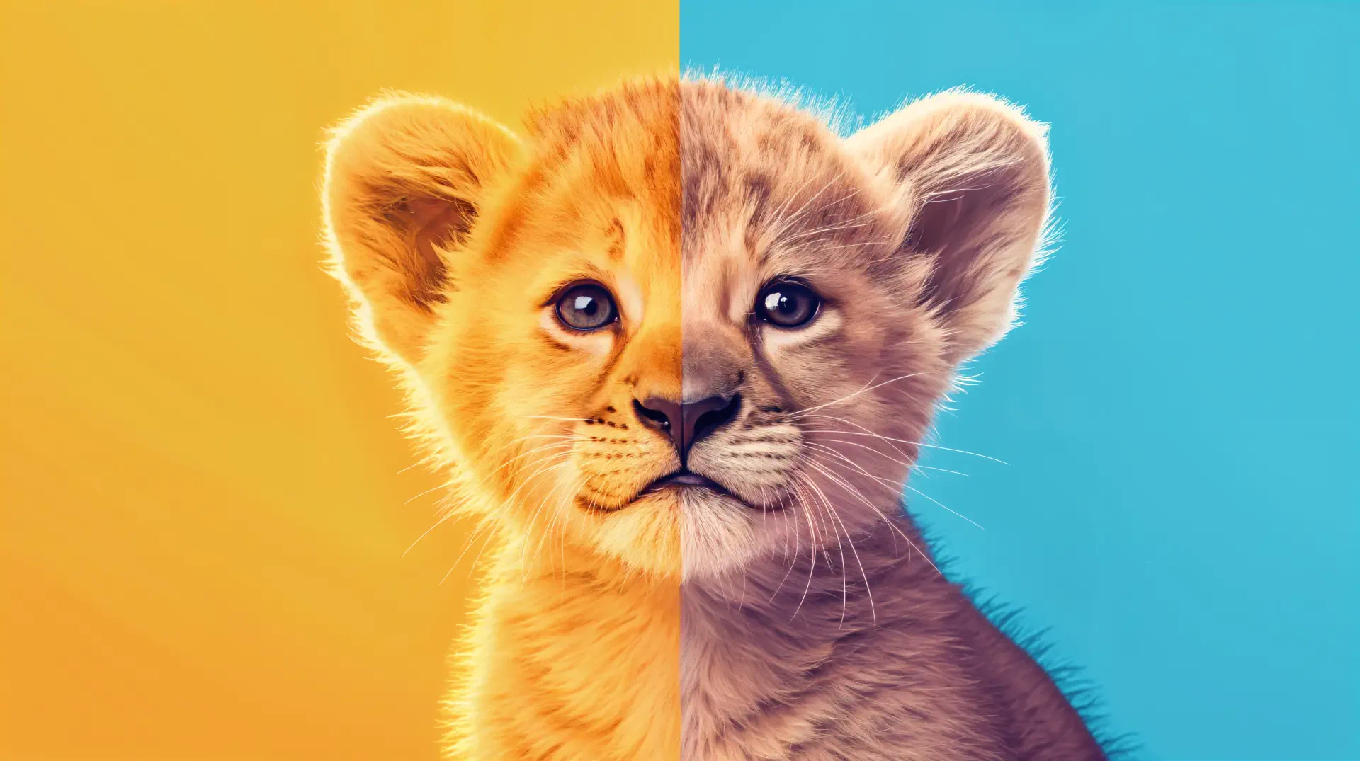 A cub with expressive eyes and soft fur, set against a vibrant split background of yellow and blue. This 4K Ultra HD image makes an engaging desktop wallpaper.