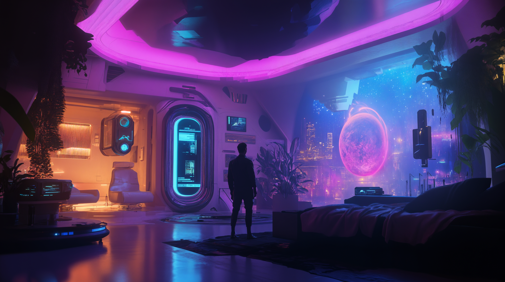 A stunning sci-fi cyberpunk interior, featuring vibrant neon lighting, futuristic design elements, and a contemplative figure against a backdrop of technology and urban scenery.