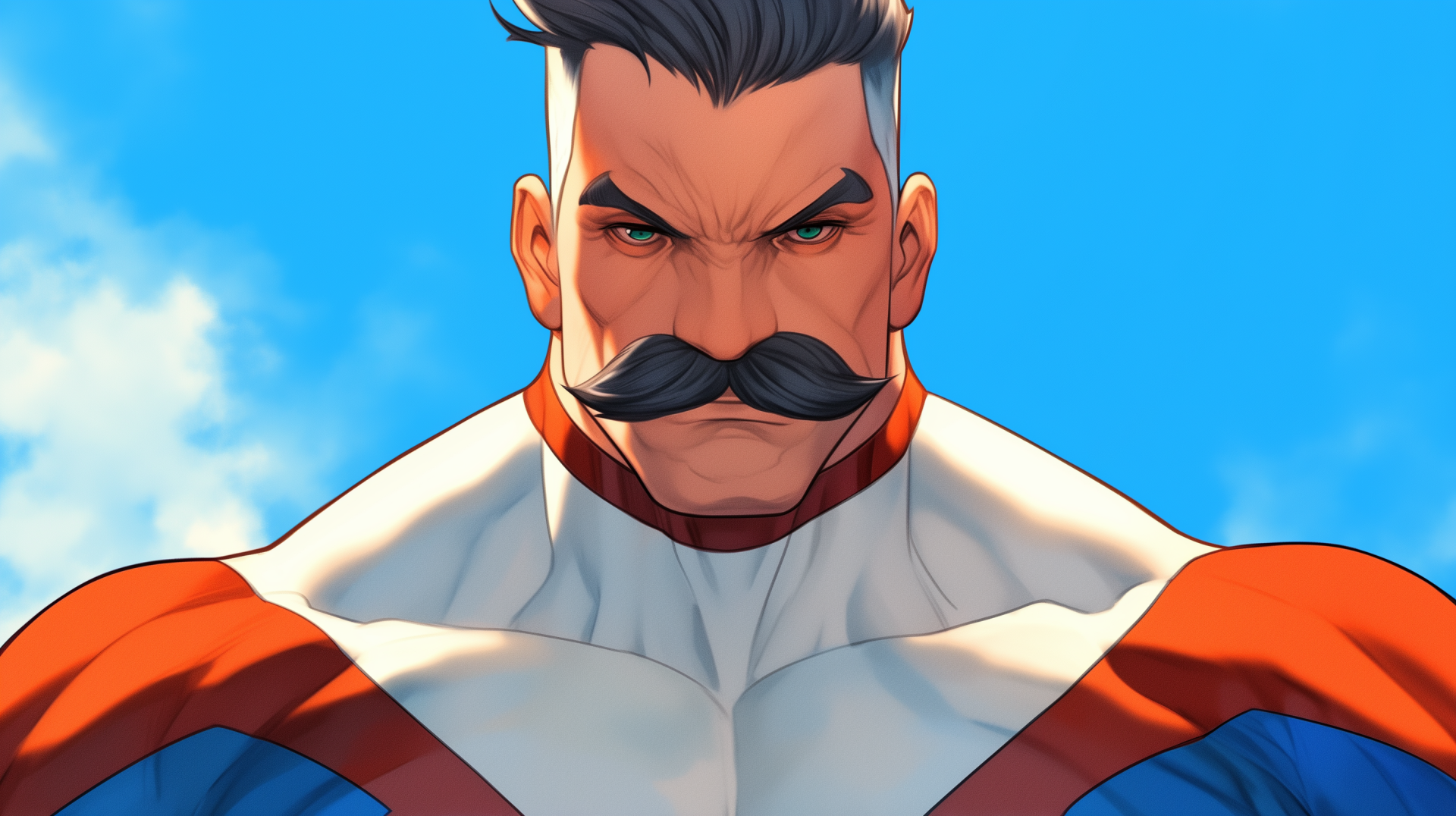 Omni-Man from the TV show Invincible displays a fierce expression, showcasing his muscular physique against a blue sky, featured as an HD desktop wallpaper and background.