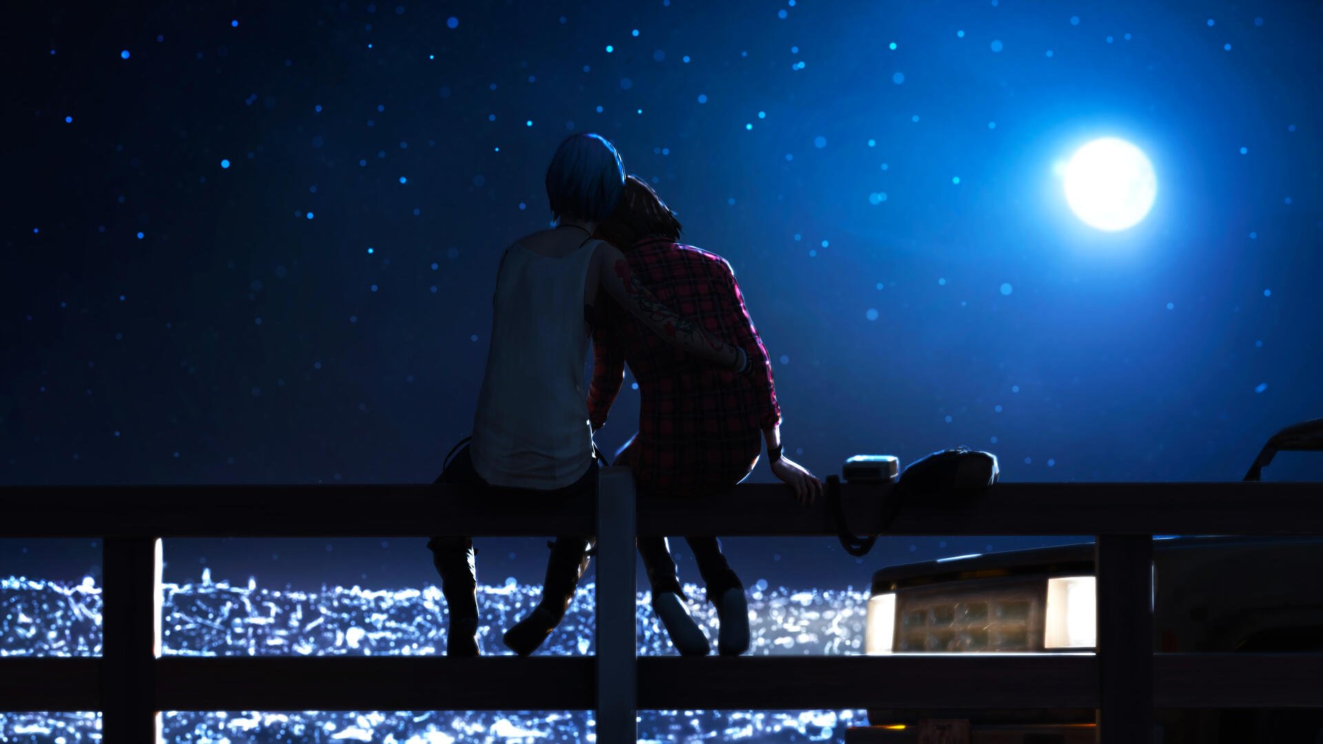 A serene night scene from the video game Life Is Strange, featuring two characters sitting on a railing, overlooking a shimmering ocean under a starry sky, rendered in 4K Ultra HD.