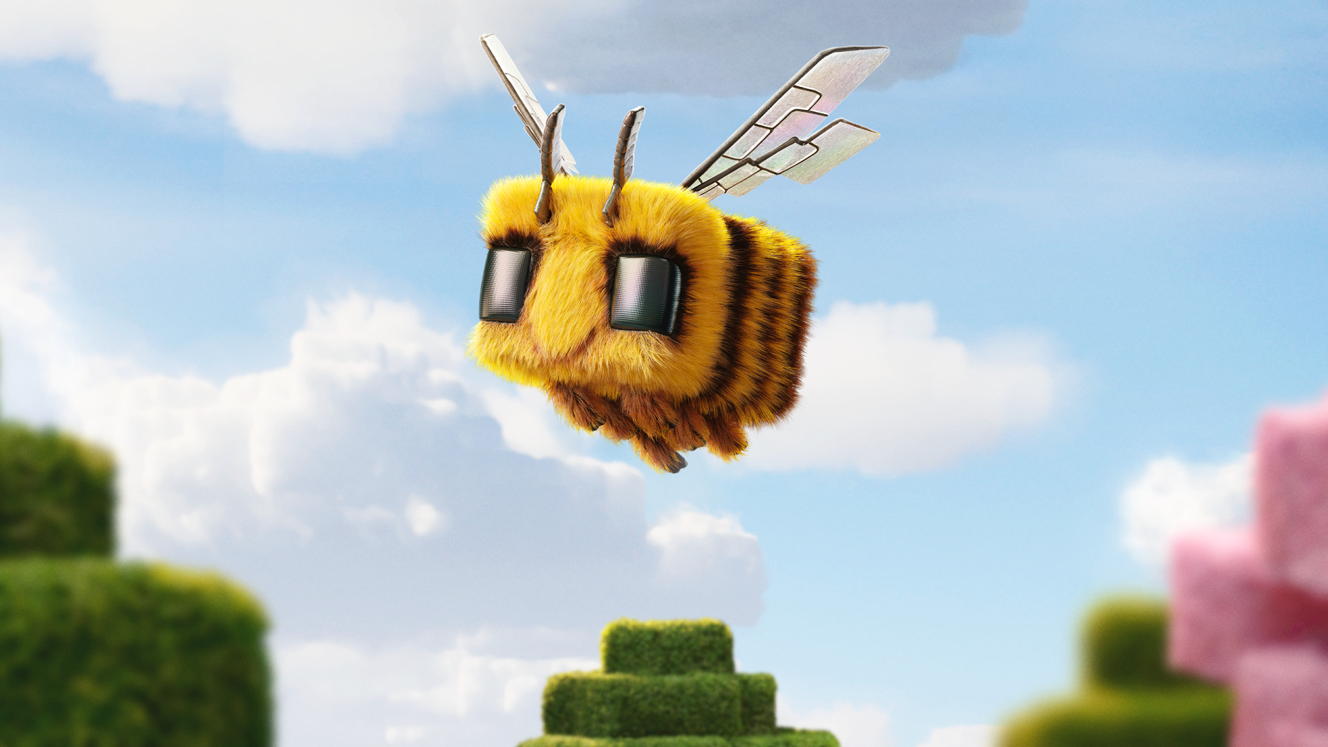 HD PC desktop wallpaper featuring a detailed Minecraft bee from the Minecraft Movie, set against a bright, blocky sky and landscape from the video game.