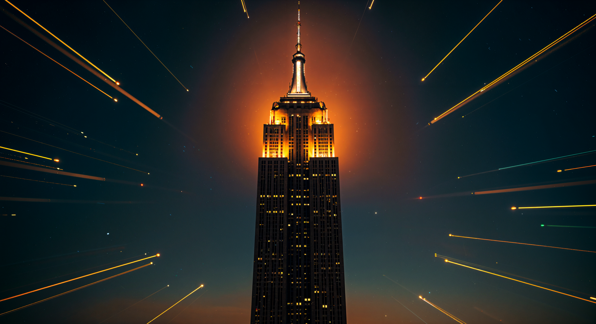 Empire State Building illuminated at night, standing prominently in a glowing cityscape with streaks of light accentuating the 4K Ultra HD skyline backdrop.