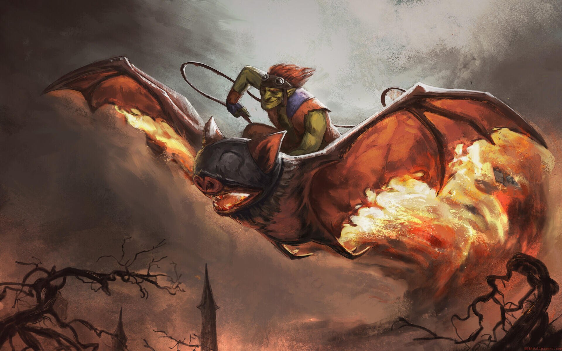 HD PC desktop wallpaper featuring a fantasy scene from the video game DotA, showing a character riding a fiery-winged bat through a dark, smoky sky.