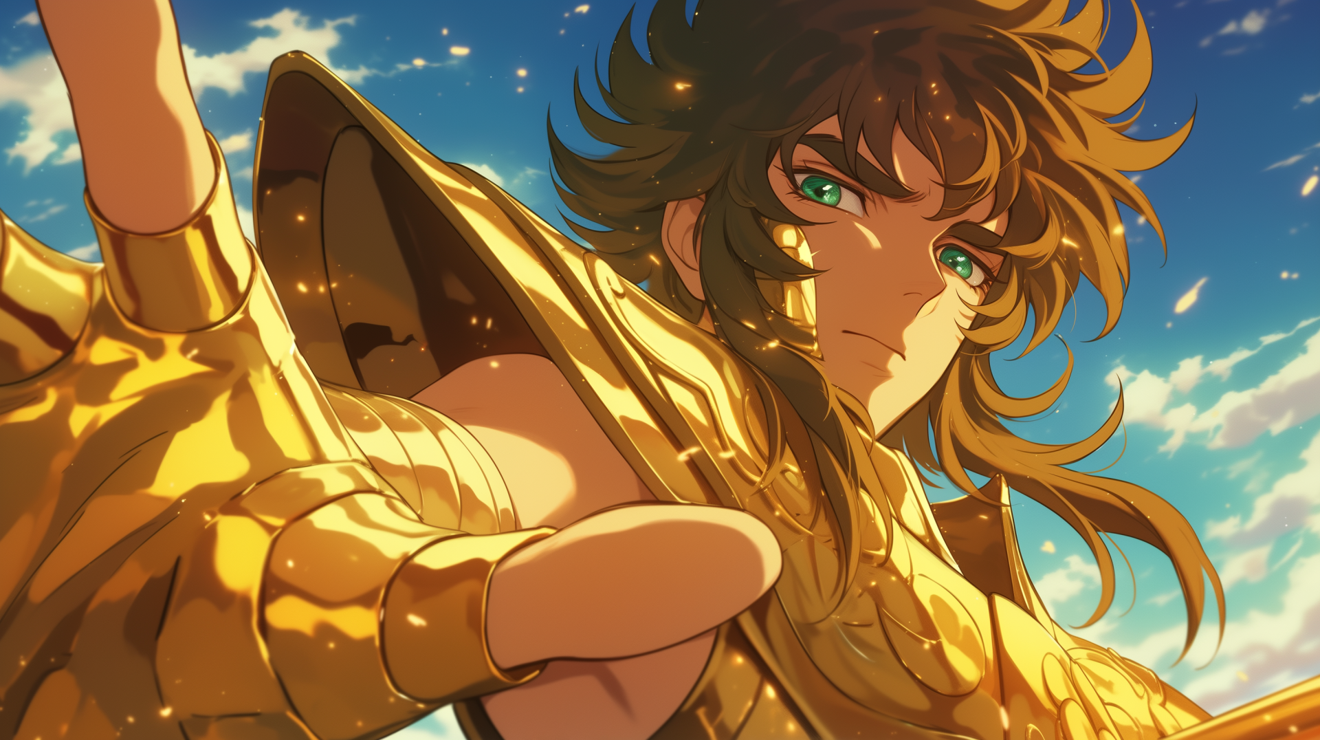 A vibrant HD wallpaper featuring Pegasus Seiya from the anime Saint Seiya, showcasing the character's striking green eyes and golden armor against a bright sky backdrop.