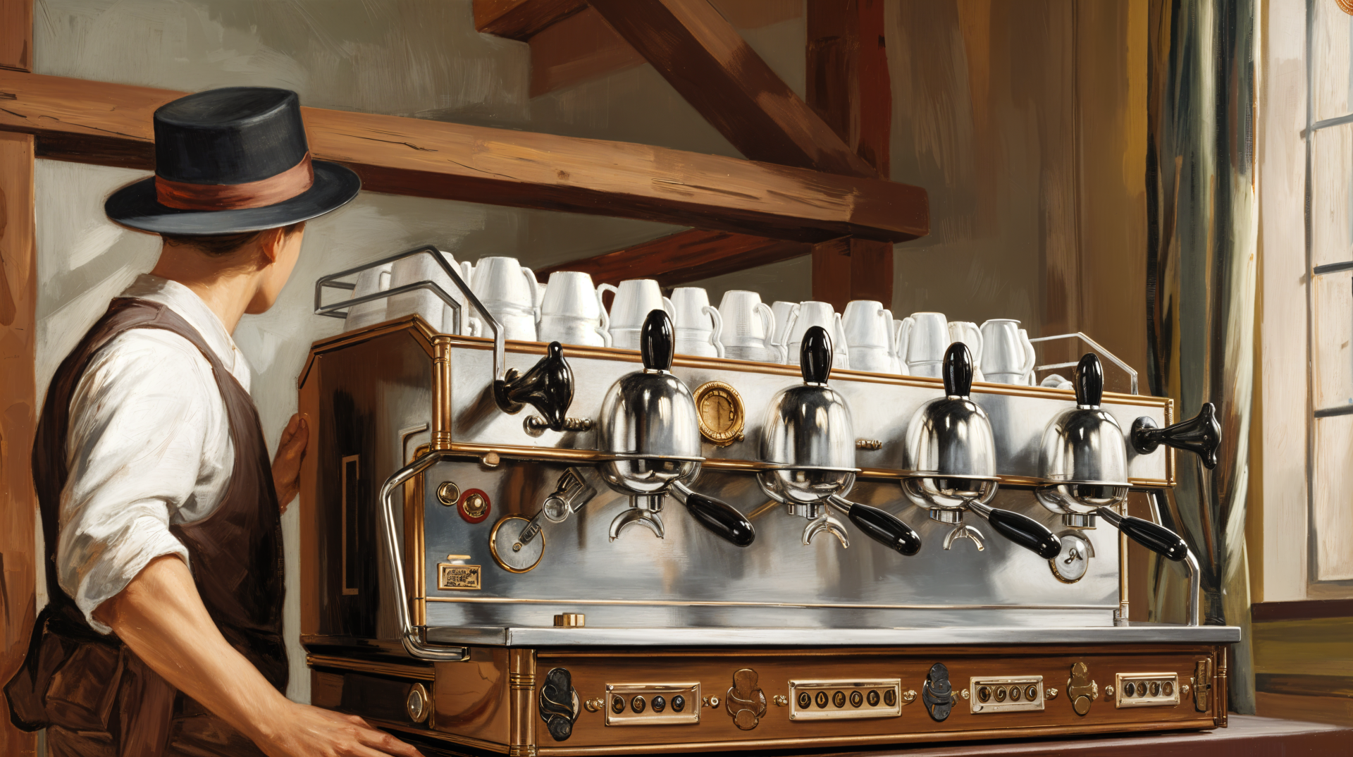 A vintage coffee machine with multiple steam wands and gleaming chrome details, set against a rustic backdrop, creates an inviting atmosphere in this 4K Ultra HD desktop wallpaper.