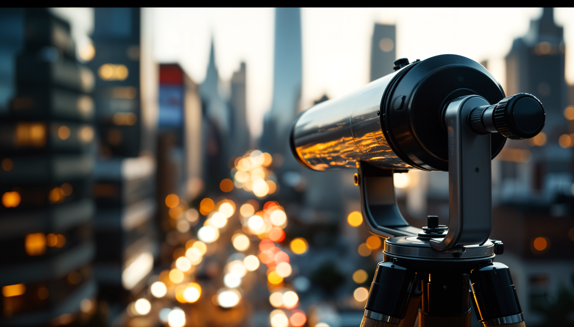 A sleek telescope overlooking a bustling cityscape, with shimmering lights and urban buildings in the background. A stunning 4K Ultra HD desktop wallpaper and background.