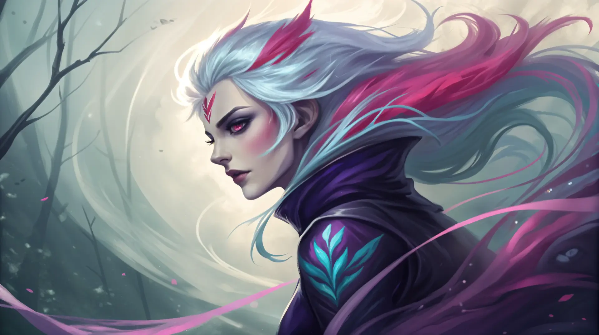 A captivating 4K Ultra HD wallpaper featuring Evelynn from League of Legends, showcasing her striking visage and flowing hair against a mystical background.