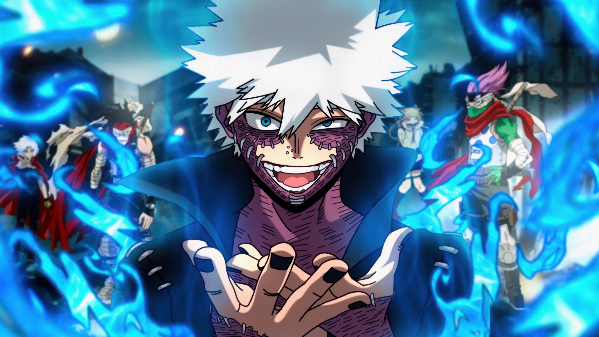 4K Ultra HD My Hero Academia wallpaper featuring Dabi with intense blue flames and other characters in the background, highlighting the dark and vibrant anime style.